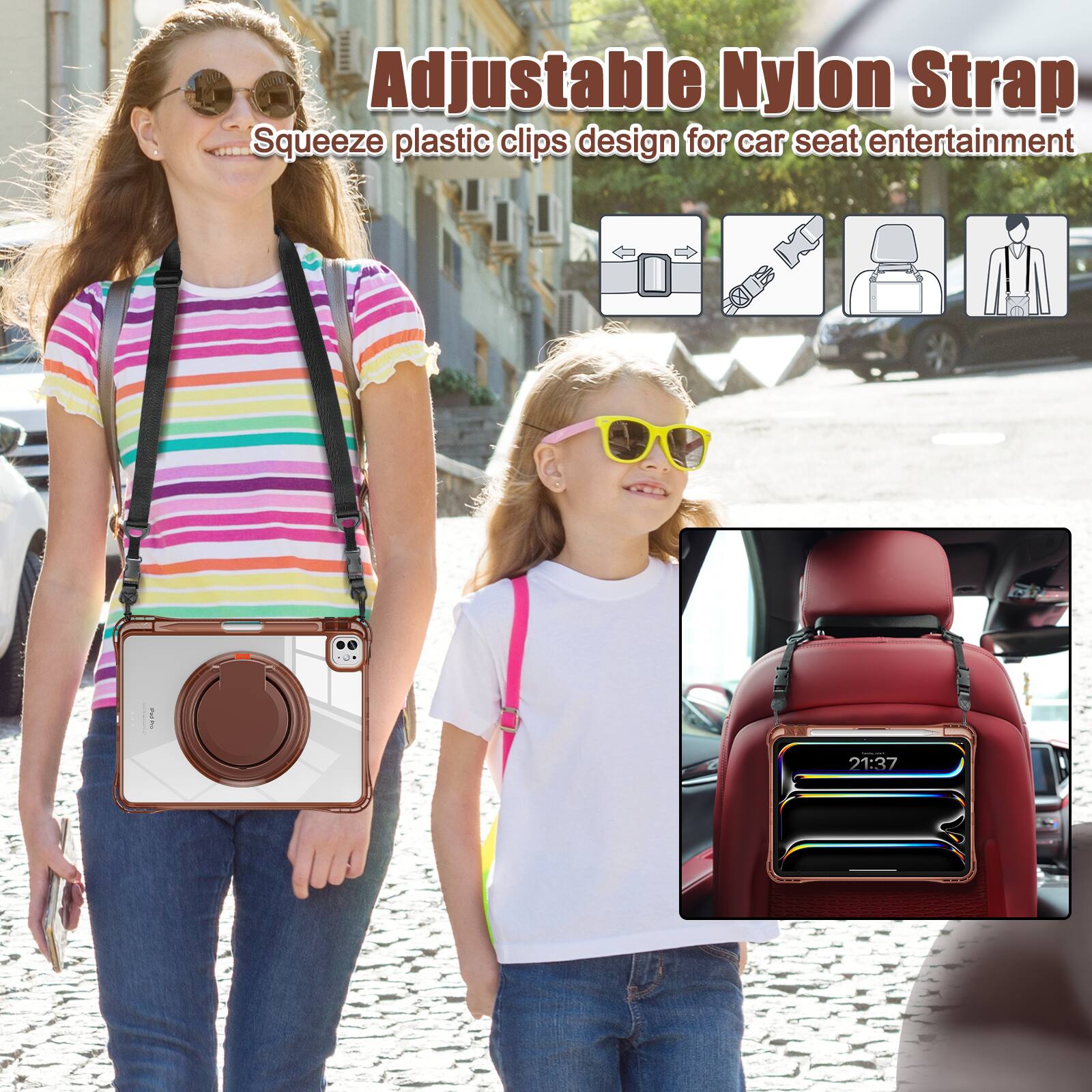 Adjustable Nylon Strap  
Squeeze plastic clips design for car seat entertainment