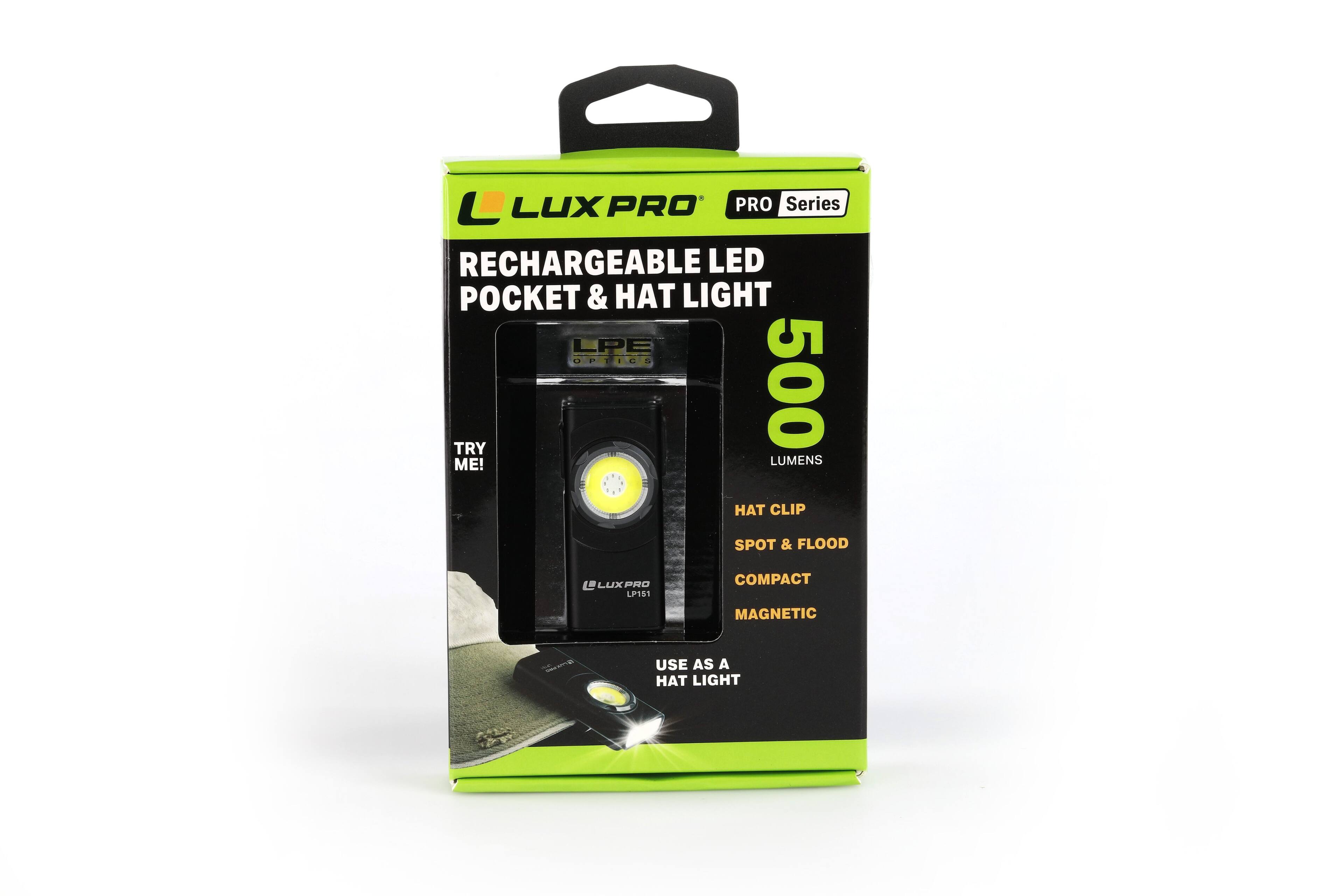 LUXPRO PRO Series RECHARGEABLE LED POCKET & HAT LIGHT LPE OPTICS 500 LUMENS HAT CLIP SPOT & FLOOD LUXPRO LP151 COMPACT MAGNETIC - USE AS A HAT LIGHT