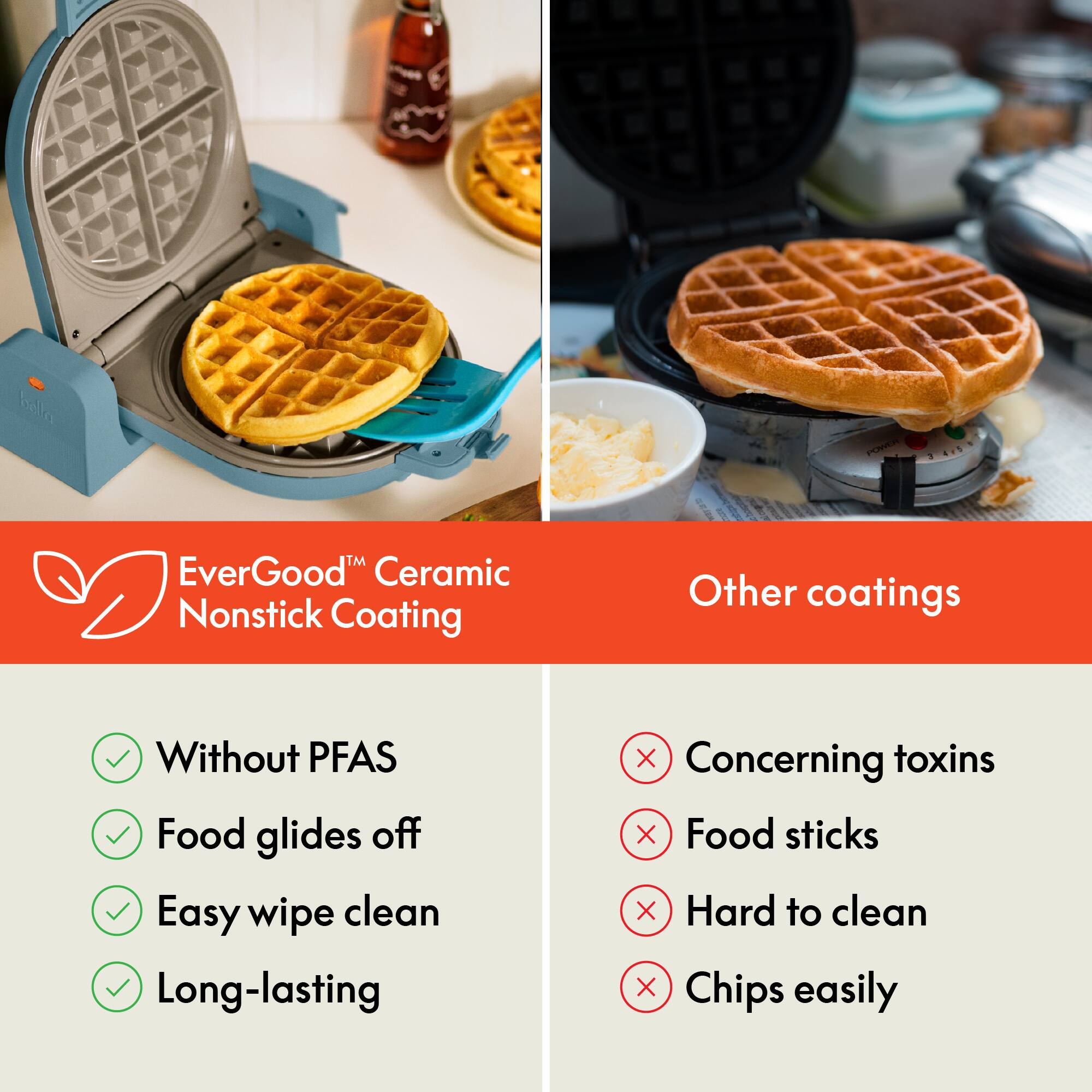EverGood™ Ceramic Nonstick Coating
- Without PFAS
- Food glides off
- Easy wipe clean
- Long-lasting
Other coatings
- Concerning toxins
- Food sticks
- Hard to clean
- Chips easily