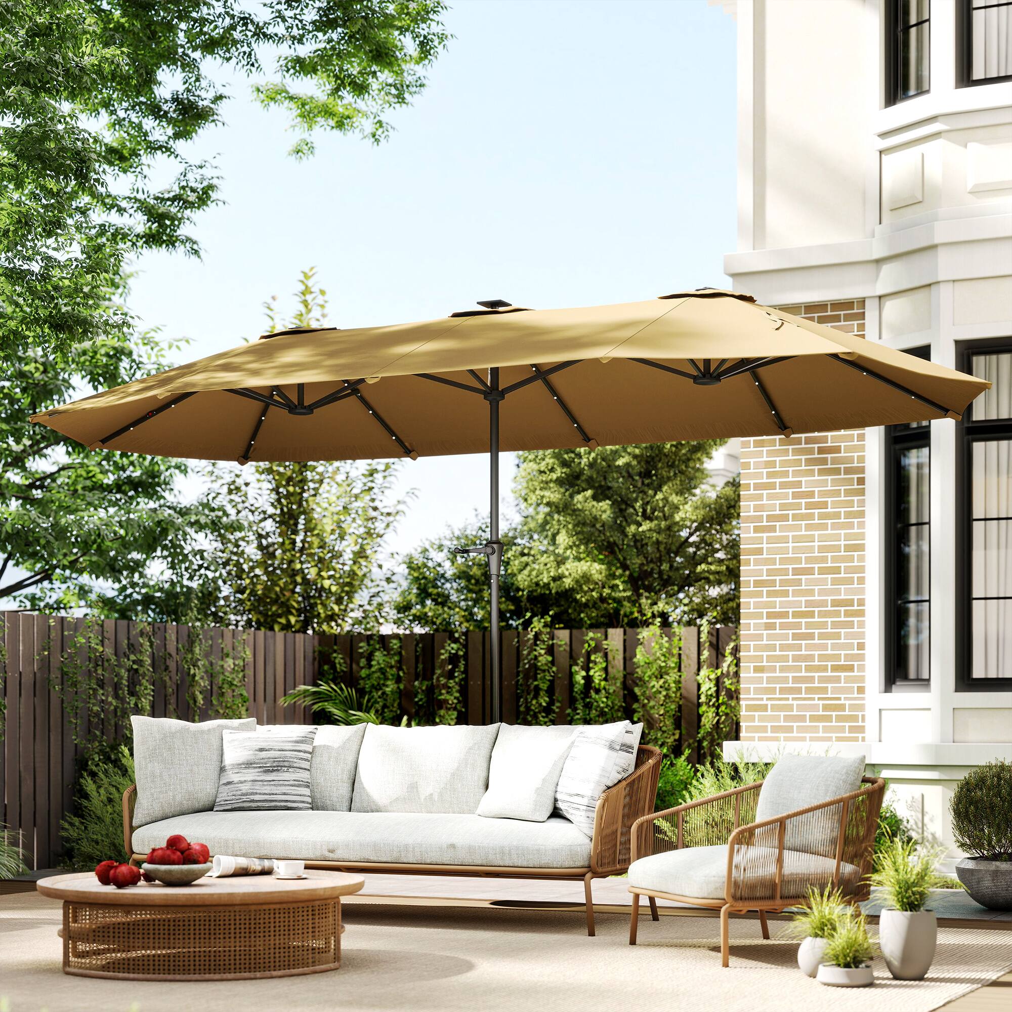 Alt View 8. Outsunny - Double-Sided Market Umbrella, Large Patio Umbrella with Solar Lights, Crank Handle for Garden, Pool - Khaki.