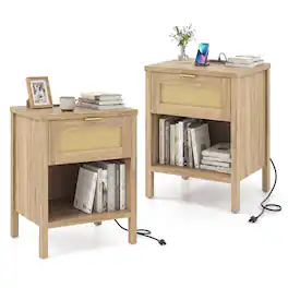 Costway - 2PCS Rattan Nightstand with Charging Station USB Ports Outlets Drawer Storage Shelf - Oak