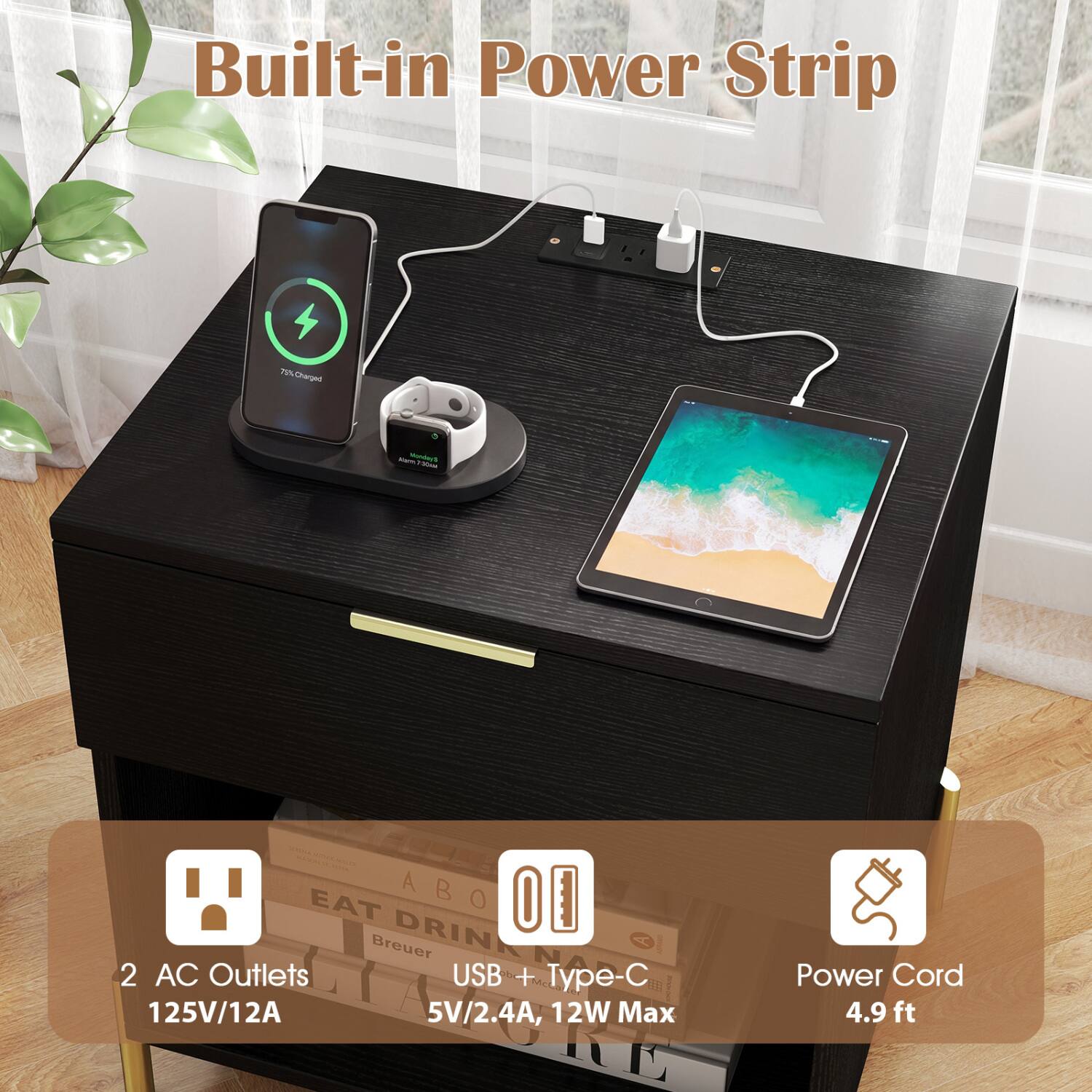 Built-in Power Strip

75% Charged TSU

Mem Monday's 100ml

2020 EAT ABO OE Breuer DRINK NAP 2 AC Outlets USB + Type-C 125V/12A 5V/2.4A, 12W Max

Power Cord 4.9 ft