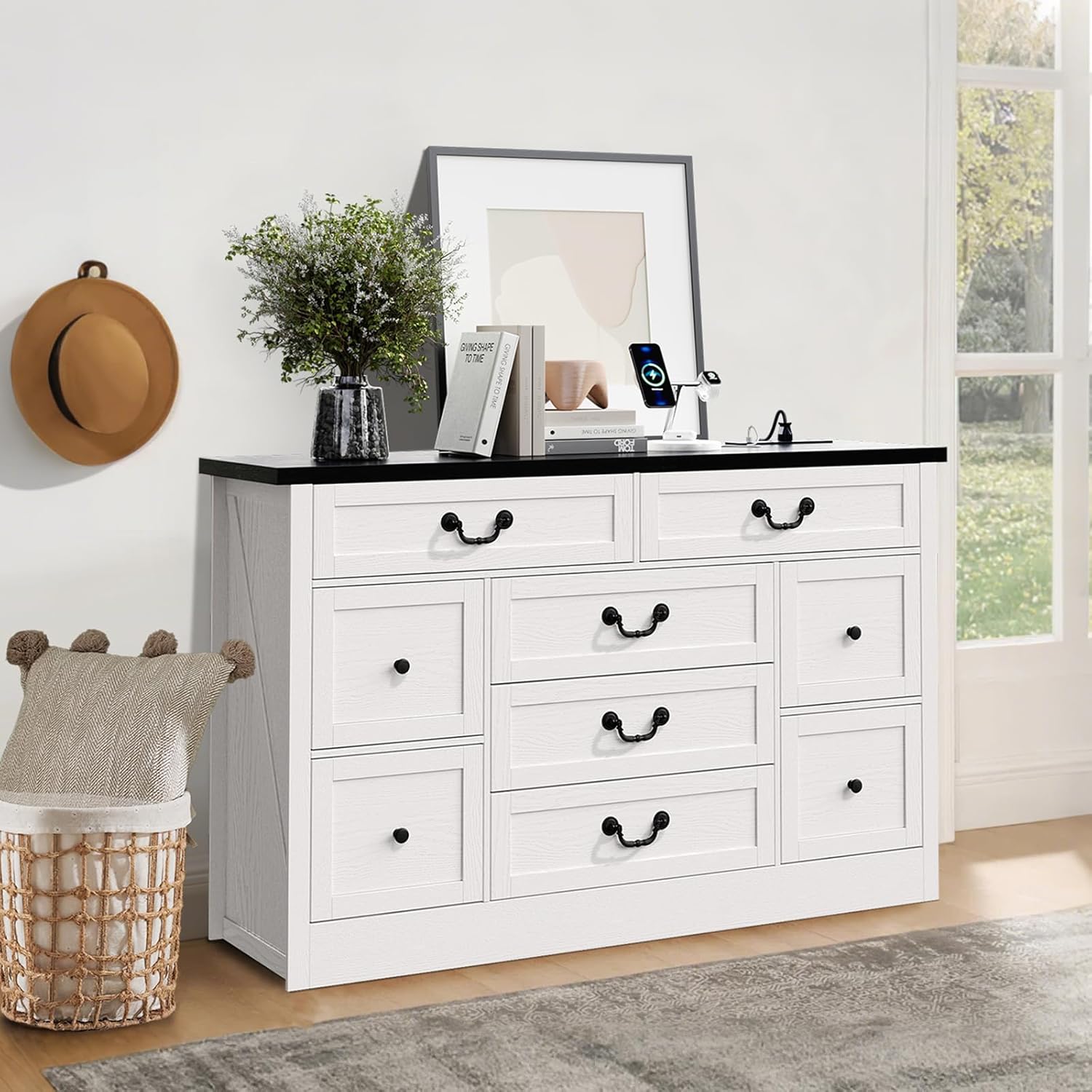 Angle. GARVEE - 9 Farmhouse Dresser with Charging Station & Metal Handle, Wooden Tv Stand with Dressers, 9 Drawer Dressers - Black.