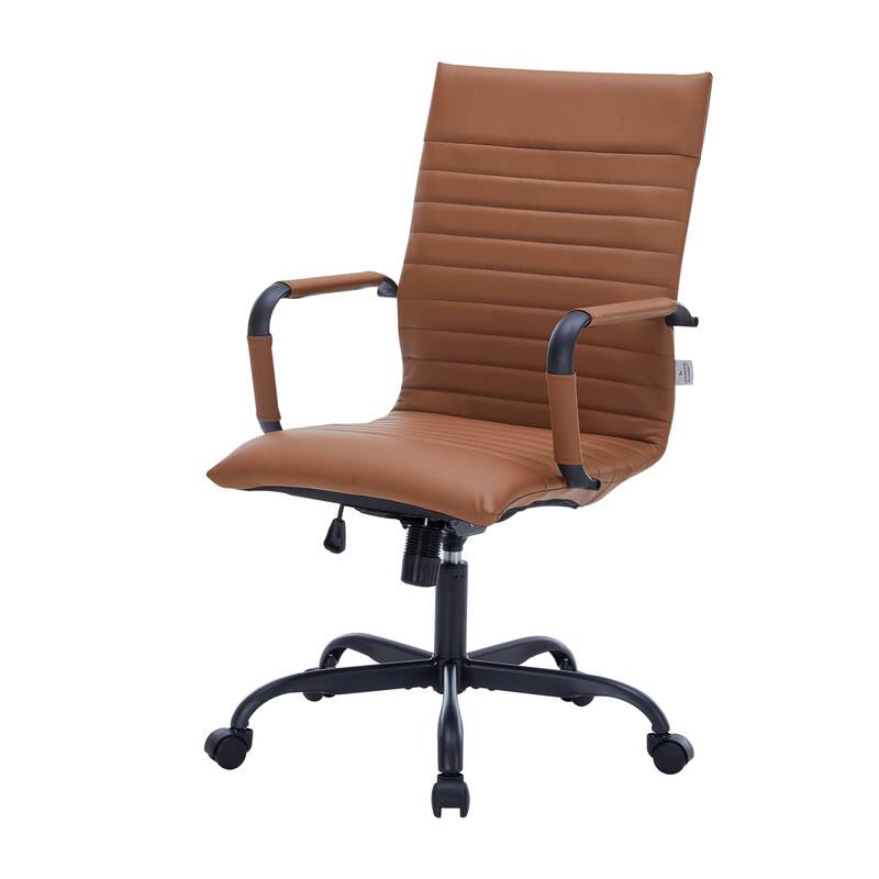 Alt View 6. LeisureMod - Harris Mid-Back Leather Office Chair Adjustable Height Tilt in Black Stainless Steel 360-Degree Swivel - Light Brown.