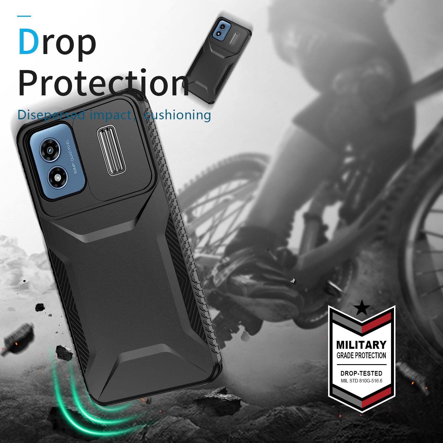 Drop Protection  
Dispersed impact cushioning  
PIXEL GUAD 50MP  
MILITARY GRADE PROTECTION  
DROP-TESTED MIL STD 810G-516.6