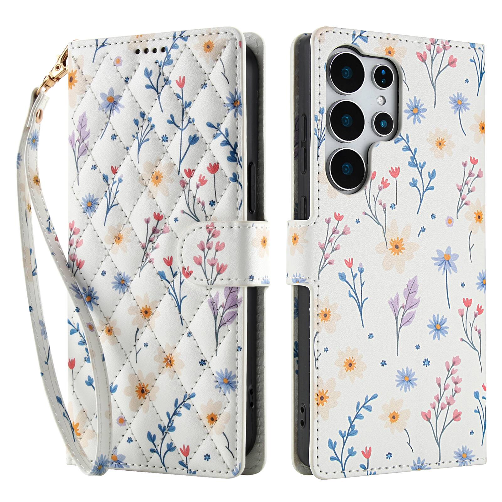 Angle. Dteck - Floral Wallet Case for Samsung Galaxy S25 Ultra with Wrist Strap, Premium PU Leather Shockproof Protective Flip Cover - E.