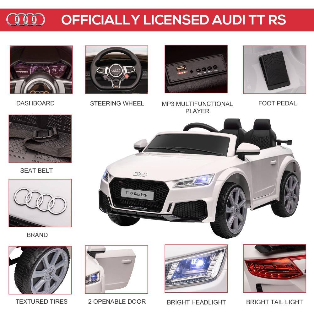 OFFICIALLY LICENSED AUDI TT RS

- DASHBOARD
- STEERING WHEEL
- MP3 MULTIFUNCTIONAL PLAYER
- FOOT PEDAL
- SEAT BELT
- BRAND
- TEXTURED TIRES
- 2 OPENABLE DOOR
- BRIGHT HEADLIGHT
- BRIGHT TAIL LIGHT