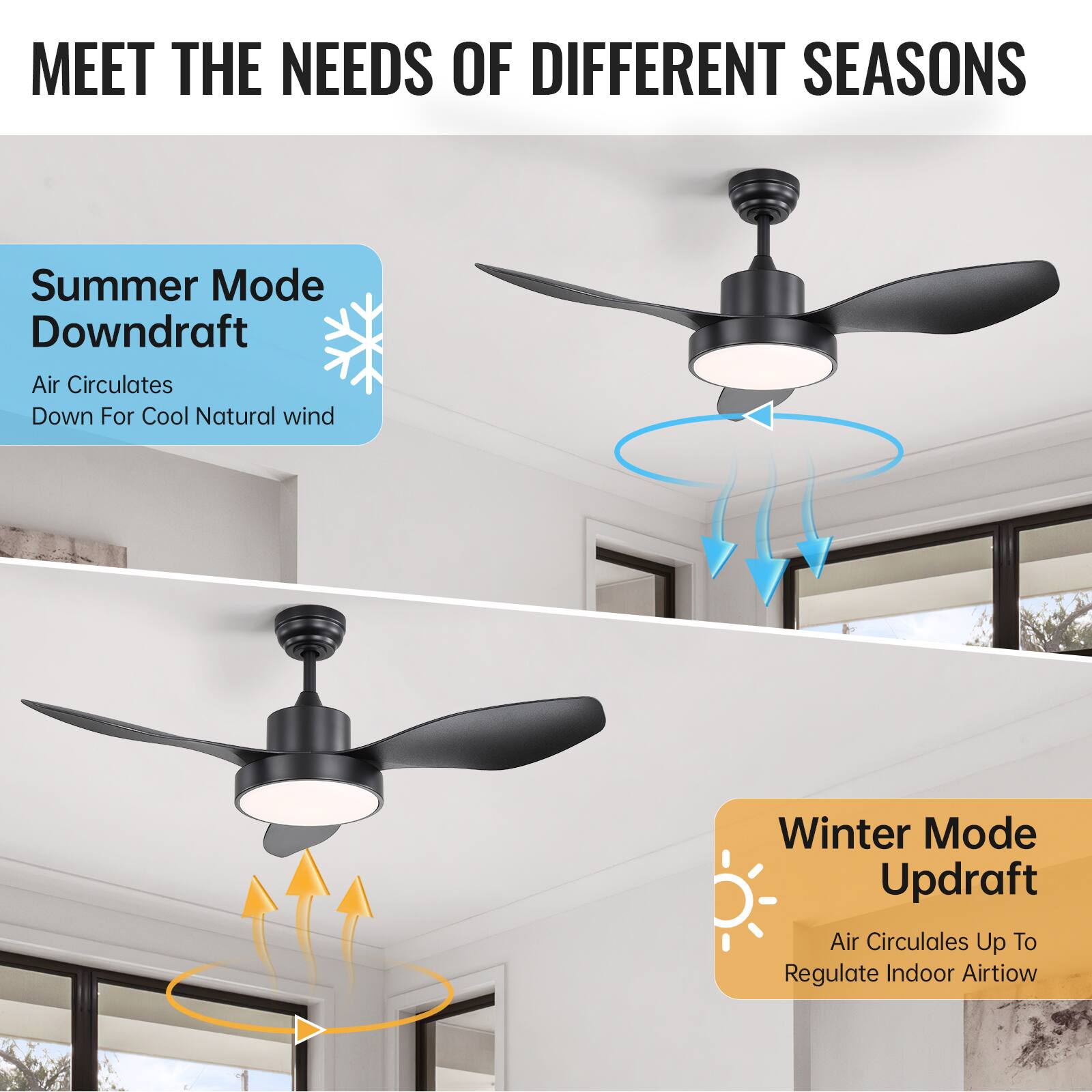 MEET THE NEEDS OF DIFFERENT SEASONS

Summer Mode Downdraft  
Air Circulates Down For Cool Natural Wind

Winter Mode Updraft  
Air Circulates Up To Regulate Indoor Airflow