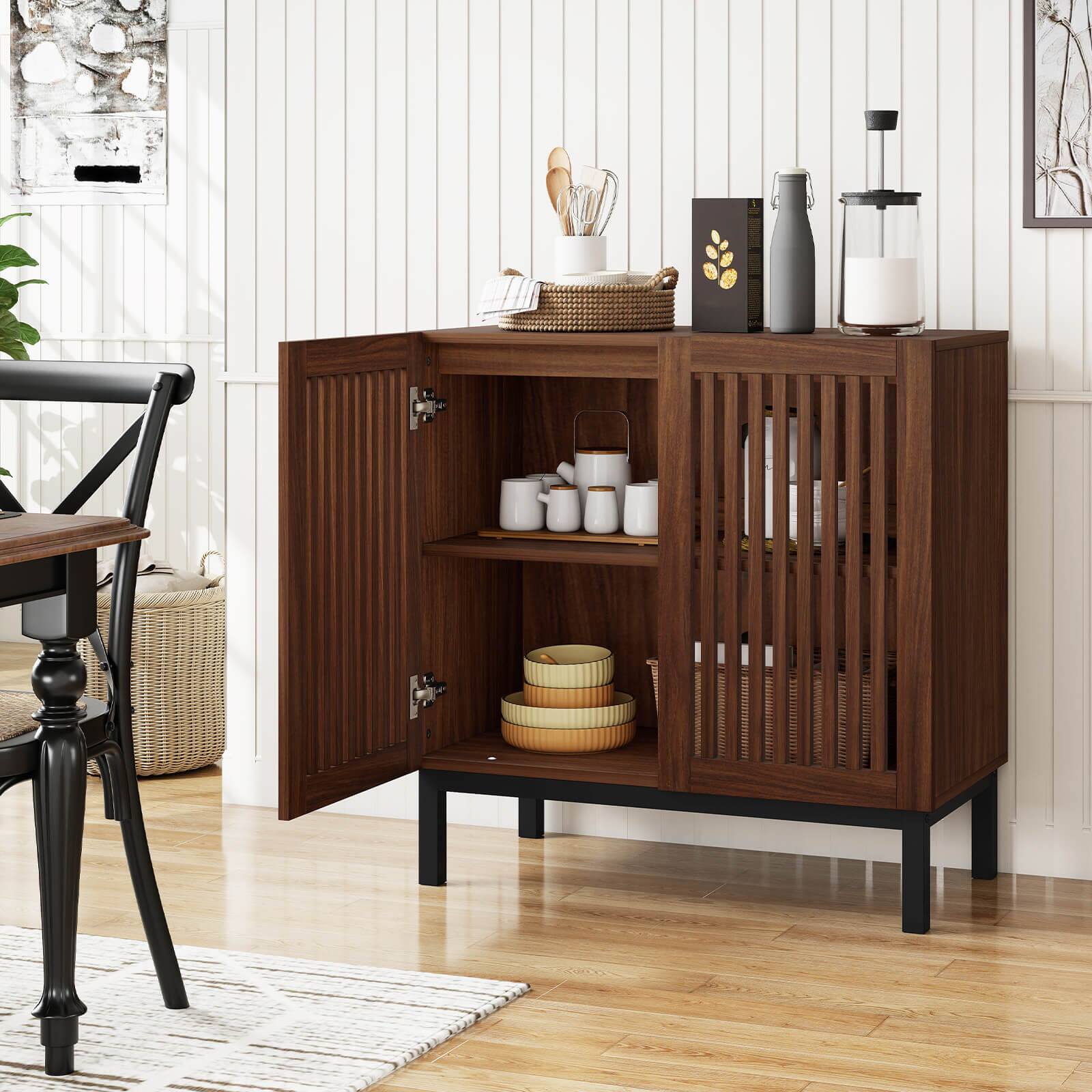 Alt View 1. Costway - Costway Buffet Cabinet with Storage, 32" Wooden Sideboard Coffee Bar Station with 2 Doors - Walnut + Black.