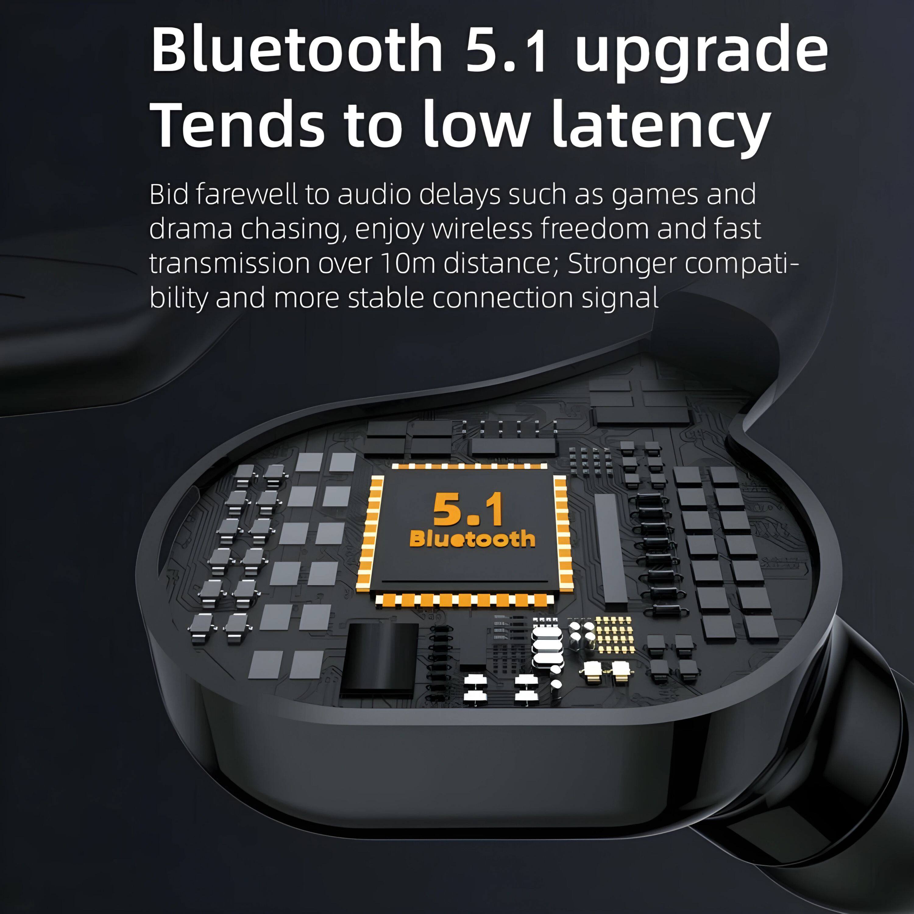 Bluetooth 5.1 upgrade  
Tends to low latency  

Bid farewell to audio delays such as games and drama chasing, enjoy wireless freedom and fast transmission over 10m distance; Stronger compatibility and more stable connection signal  

5.1 Bluetooth
