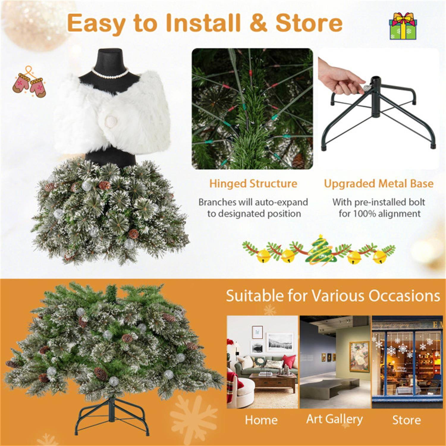 Easy to Install & Store

Hinged Structure
Branches will auto-expand to designated position

Upgraded Metal Base
With pre-installed bolt for 100% alignment

Suitable for Various Occasions
Home
Art Gallery
Store