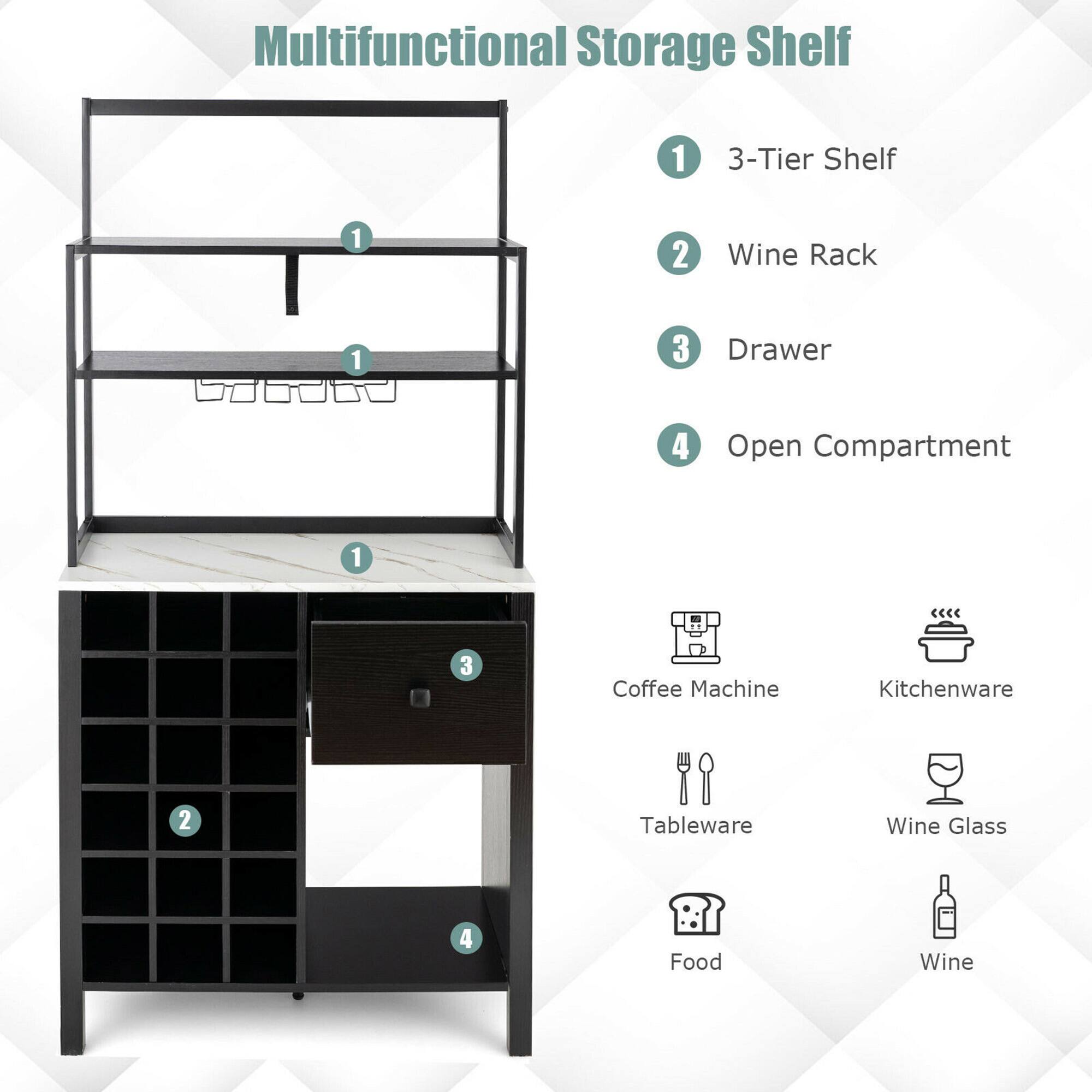 Multifunctional Storage Shelf

1. 3-Tier Shelf
2. Wine Rack
3. Drawer
4. Open Compartment

- Coffee Machine
- Kitchenware
- Tableware
- Wine Glass
- Food
- Wine