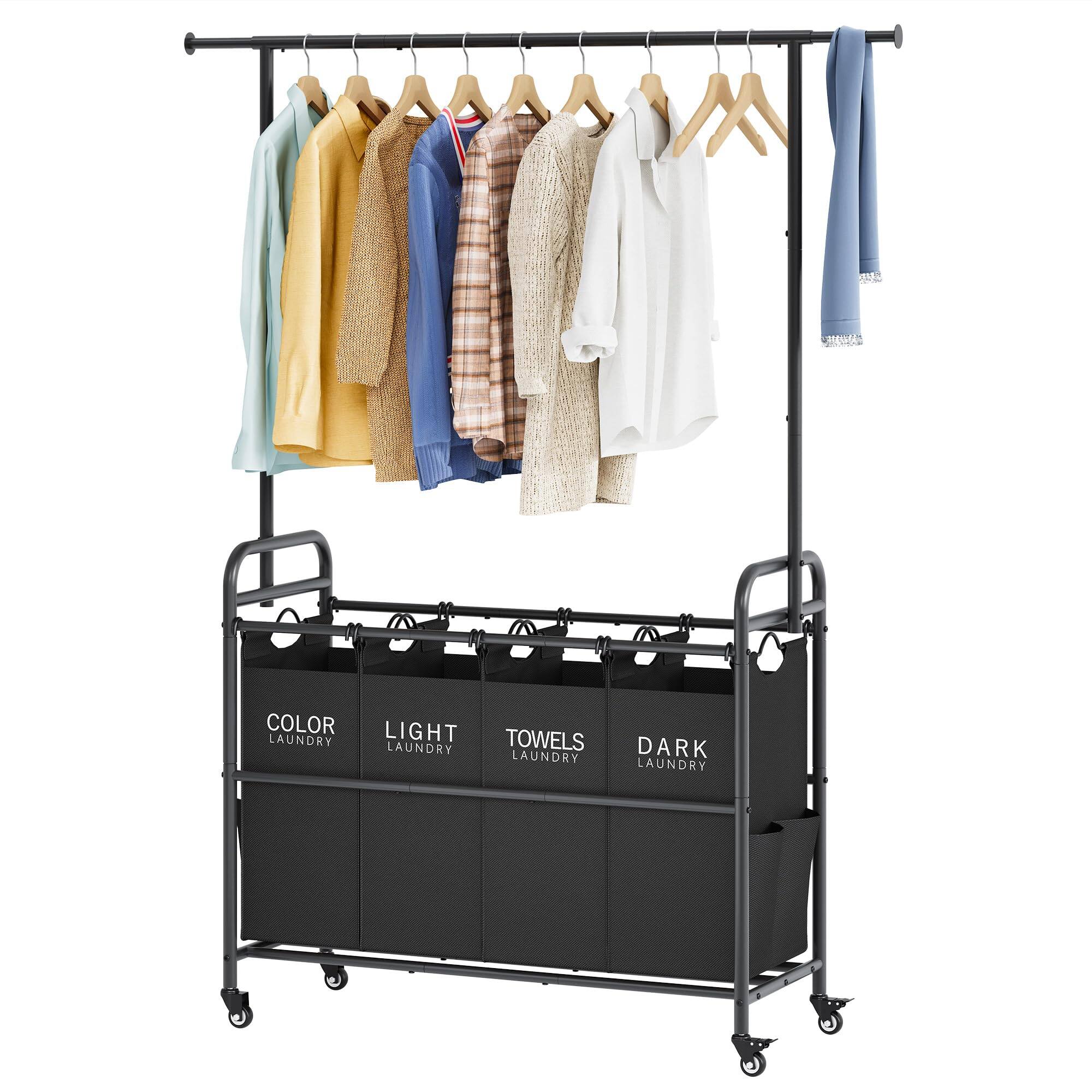 DORLUKFU - Laundry Sorter Cart with Hanging Clothes Rack, 4 Butler Sorter Basket Organizer, Laundry Hamper Cart with Heavy Duty - Black