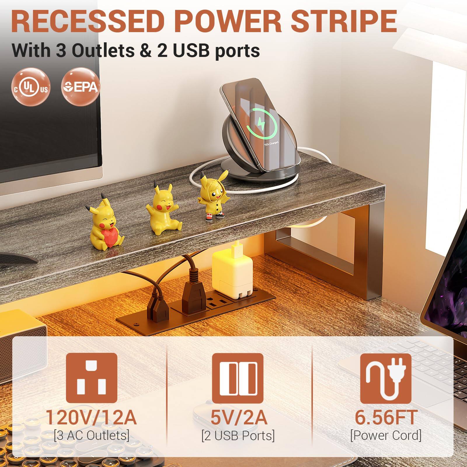 RECESSED POWER STRIPE  
With 3 Outlets & 2 USB ports  

- 120V/12A [3 AC Outlets]  
- 5V/2A [2 USB Ports]  
- 6.56FT [Power Cord]  

C UL US EPA