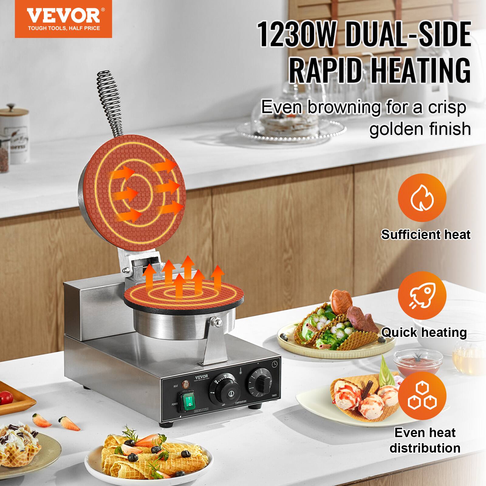 VEVOR TOUGH TOOLS, HALF PRICE

1230W DUAL-SIDE RAPID HEATING
Even browning for a crisp golden finish

Sufficient heat
Quick heating
Even heat distribution