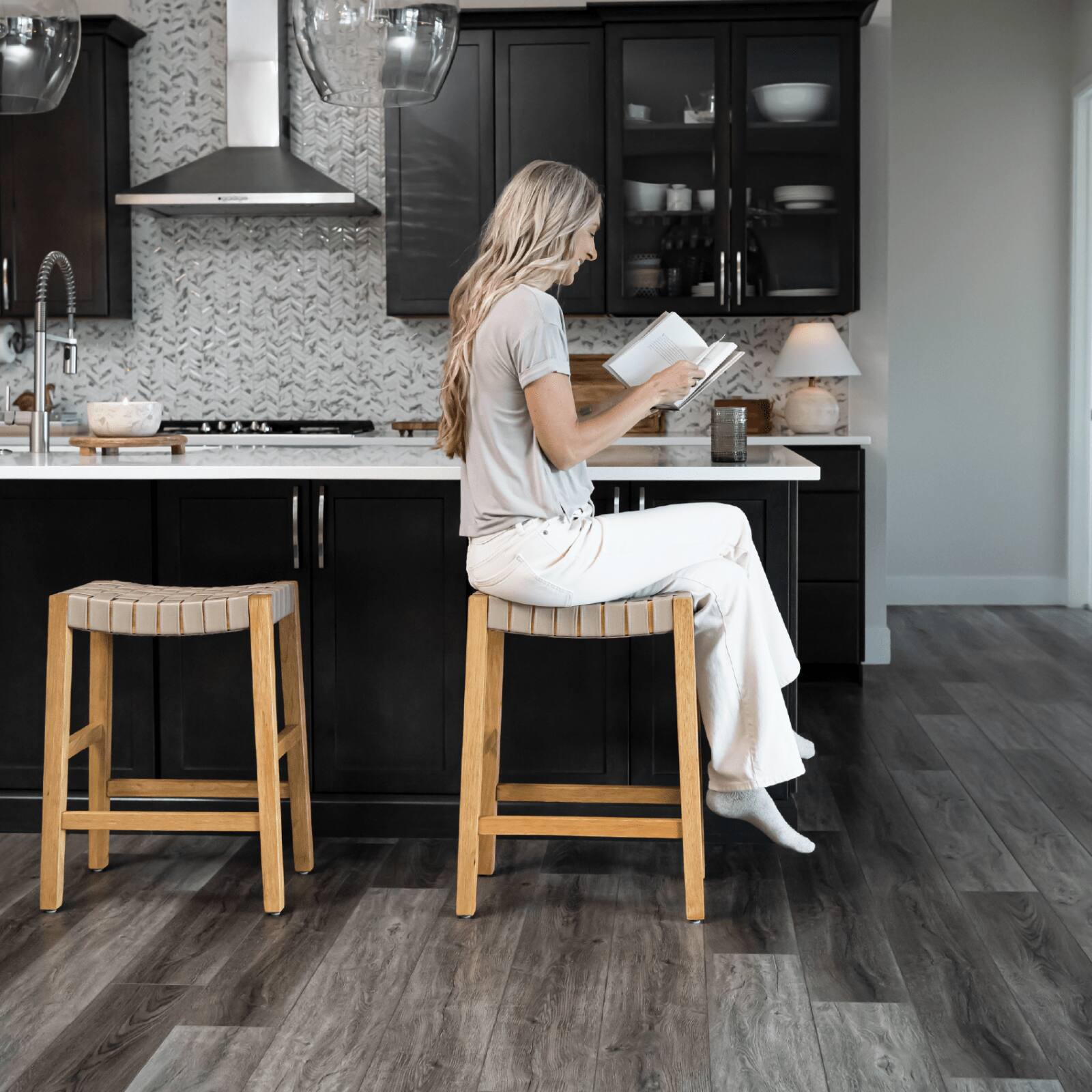 Back. Maven Lane - 26" Emerson Counter Stool In Weathered Natural Wood Finish With Vegan Leather - Weathered Natural.