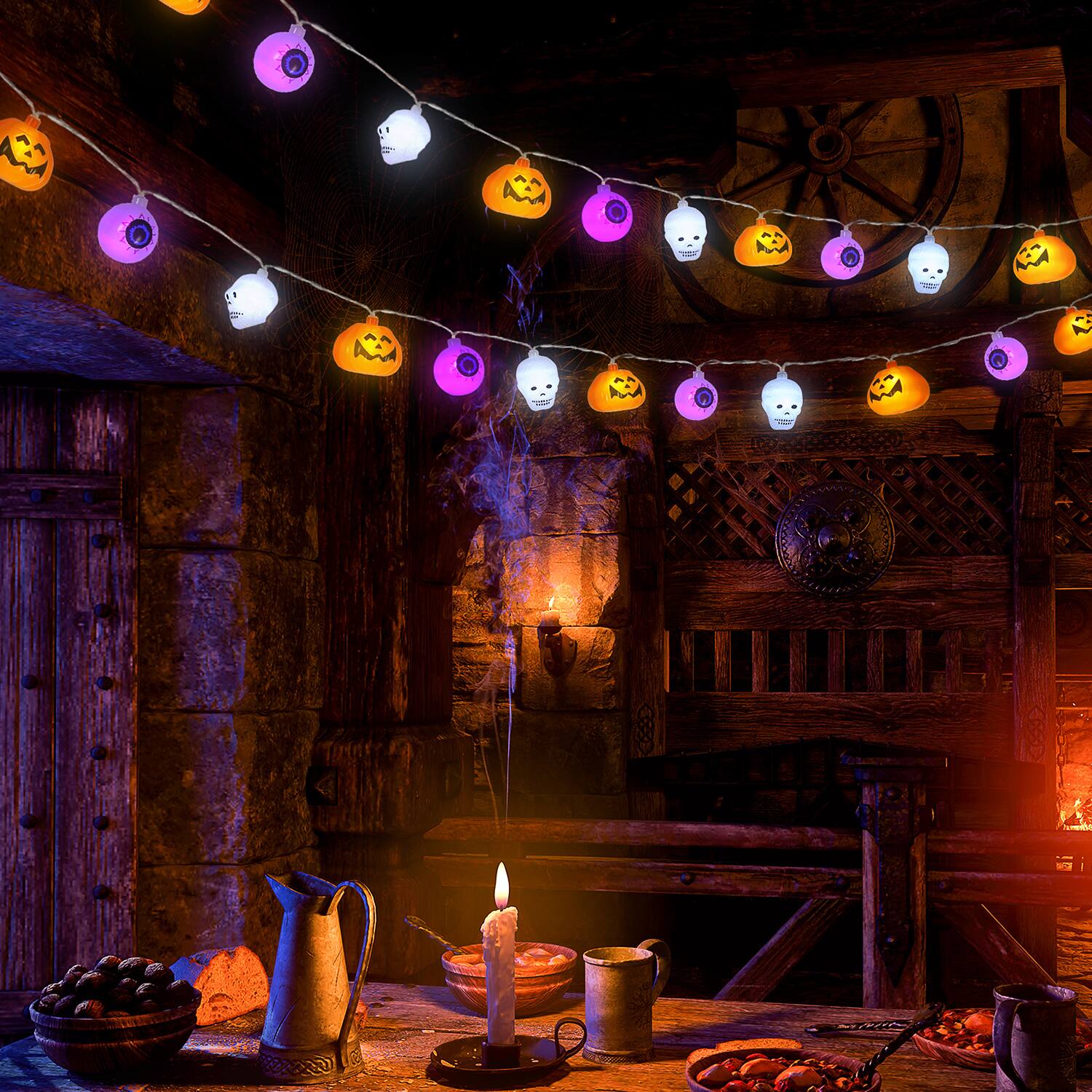 Alt View 4. Oumilen - Halloween String Lights, 2M 10-LED Battery Operated Decorative Lights Pumpkin Skull Eyeball Warm White Purple Party - Multicolor.
