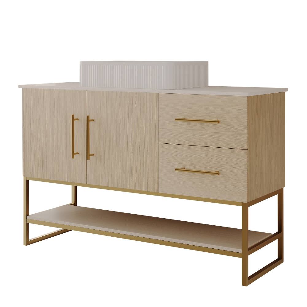Alt View 6. Loheer - Loheer 47.2 inch modern bathroom vanity Ceramic Vessel Sink Gold Accent - American White Oak, Gold, White.