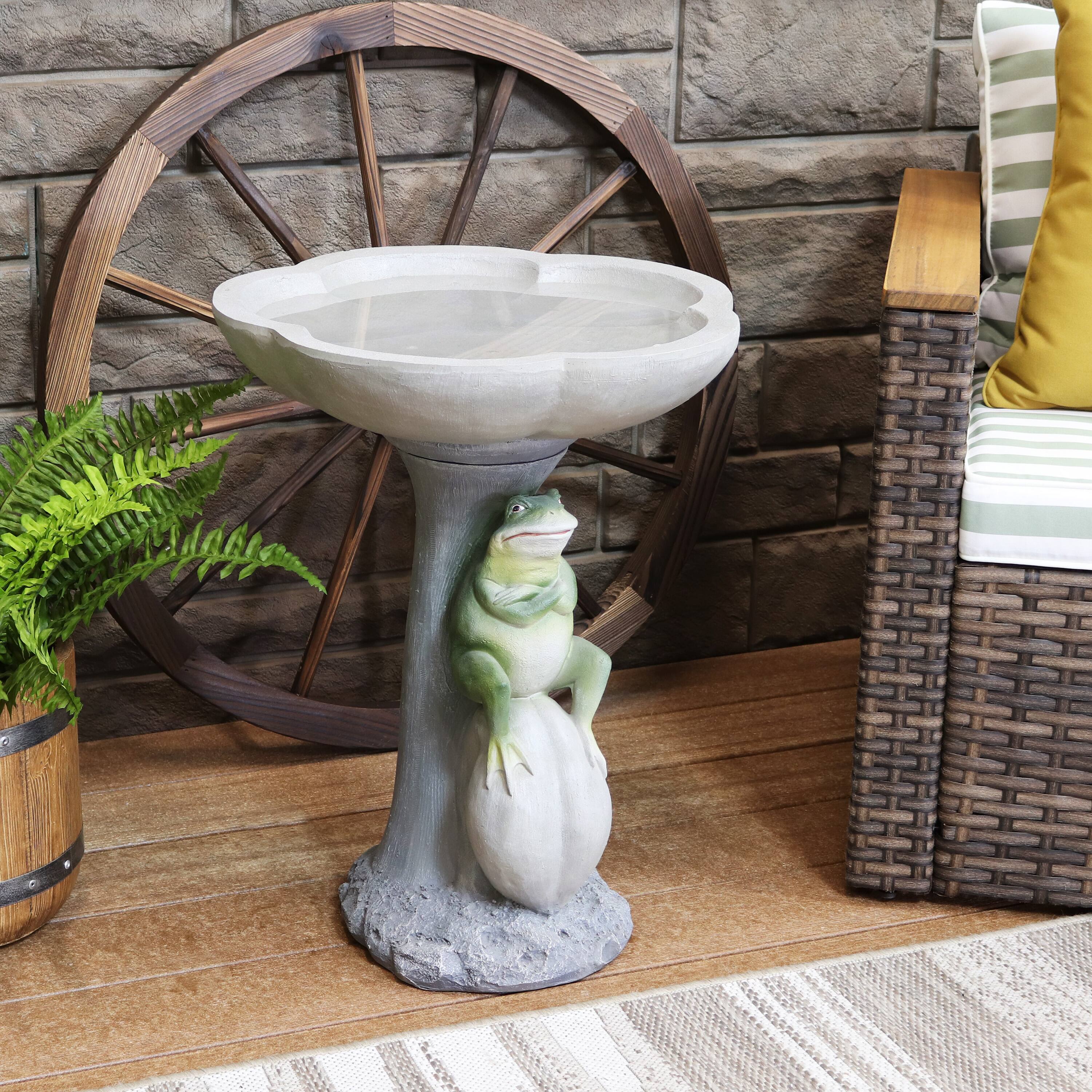 Alt View 4. Sunnydaze - Polyresin Brooding Frog on Stone Outdoor Garden Bird Bath - 22 in - Light Grey.