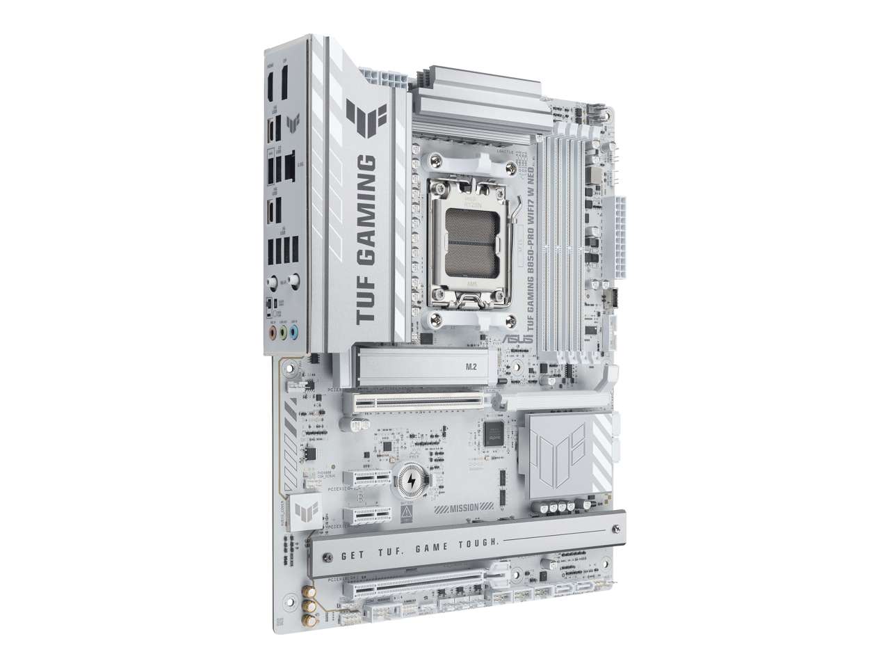 GAMING TUF ATX EN AN NTIA H NEU M WIFI7 B850-PRO GAMING TUF ASUS M2 Pks iN 1 ..... PCIEKIER e. I W. MISSION // Screna GAME TOUGH. GET TUF.