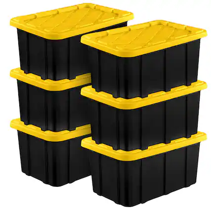 Front. Sterilite - Sterilite 17 Gallon Industrial Stackable Storage Tote Lidded Containers, 6 Pack - Black/Yellow.