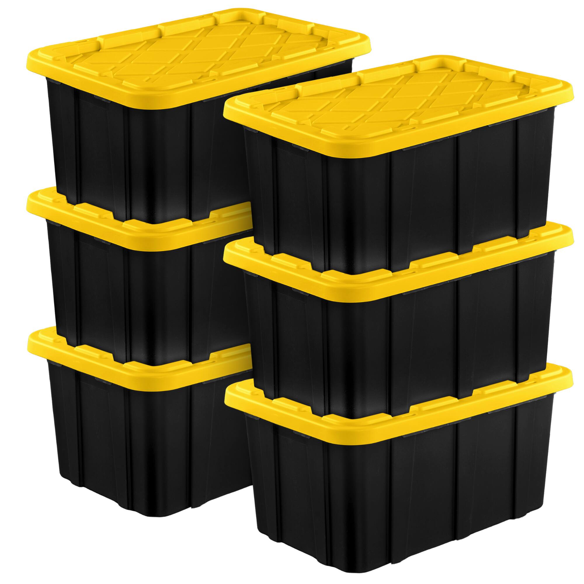 Sterilite - 17 Gallon Industrial Stackable Storage Tote Lidded Containers, 6 Pack - Black/Yellow