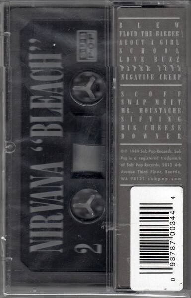 NIRVANA  
"BLEACH"  

B L E W  
FLOYD THE BARBER  
ABOUT A GIRL  
SCHOOL  
LOVE BUZZ  
PAPER CUTS  
NEGATIVE CREEP  
S C O F F  
S W A P M E E T  
M R . M O U S T A C H E  
S I F T I N G  
B I G C H E E S E  
B O W N E R  

© 1989 Sub Pop Records. Sub Pop is a registered trademark of Sub Pop Records. 2013 4th Avenue Third Floor, Seattle, WA 98121 subpop.com  

0 98787 000344 4  

2