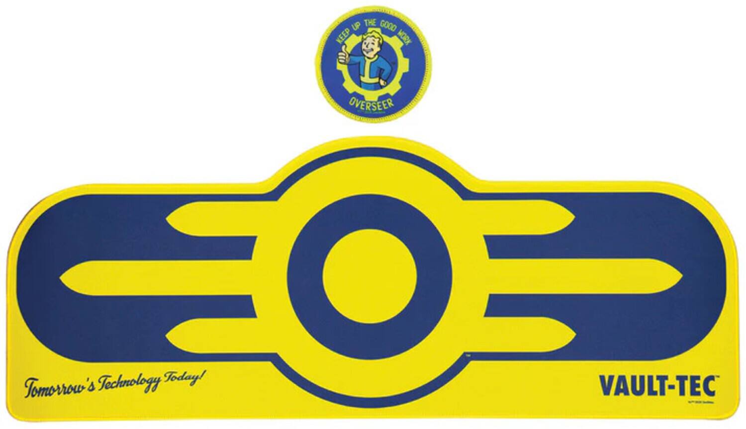 Sure, here is the corrected and grouped text from the image:
---
**Top Circle:**
- KEEP UP THE GOOD WORK
- OVERSEER
**Main Text:**
- Tomorrow's Technology Today!
**Bottom Right:**
- VAULT-TEC
---