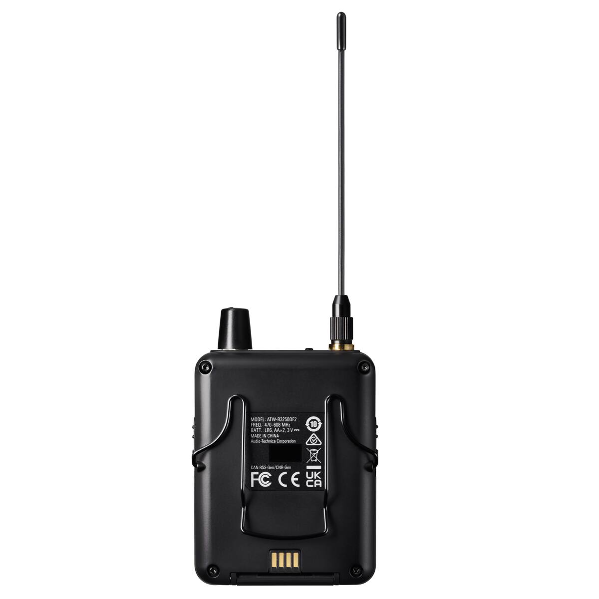MODEL: ATW-R5002  
FREQ: 470-480 MHz  
POWER: 25 mW  
MADE IN CHINA  
Audio-Technica Corporation  
10 CA  
FC CE  
UK