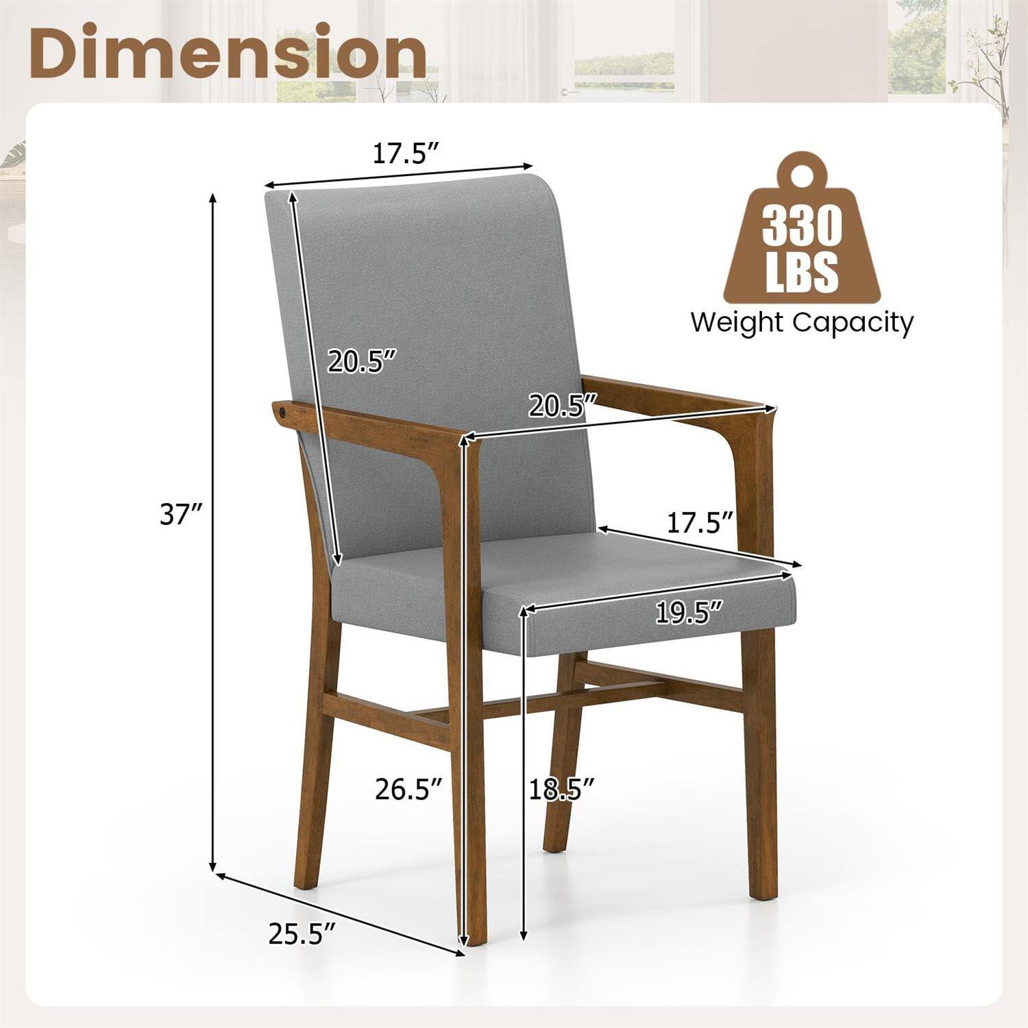 Dimension:  
- Height: 37"  
- Width: 20.5"  
- Depth: 25.5"  
- Seat Height: 18.5"  
- Seat Depth: 19.5"  
- Armrest Height: 20.5"  
- Back Height: 37"  
- Back Width: 17.5"  

Weight Capacity: 330 LBS