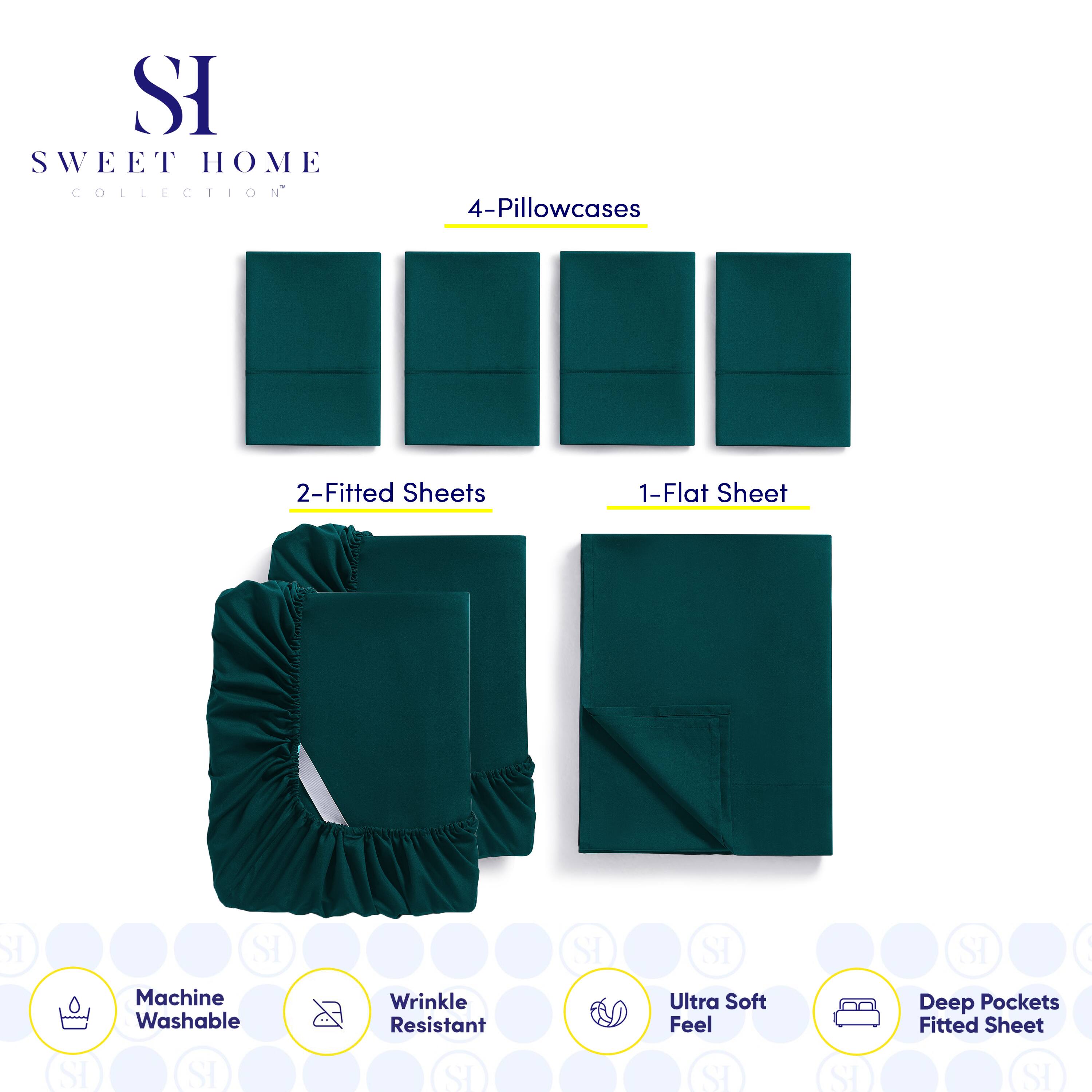 SI SWEET HOME COLLECTION  
4-Pillowcases  
2-Fitted Sheets  
1-Flat Sheet  

SI SI Machine Washable  
SI SI Wrinkle Resistant  
SI SI Ultra Soft Feel  
SI SI Deep Pockets Fitted Sheet