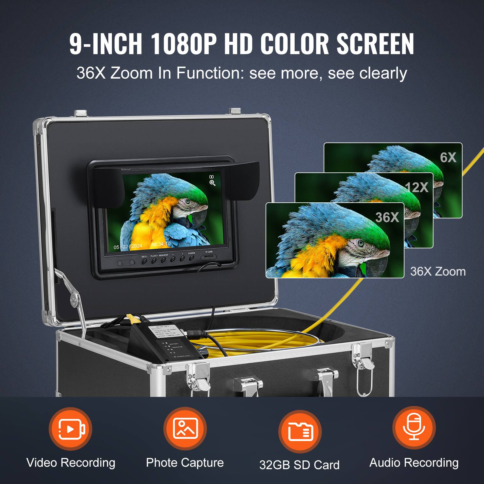 9-INCH 1080P HD COLOR SCREEN  
36X Zoom In Function: see more, see clearly  
6X 12X 36X  
36X Zoom Video Recording  
Photo Capture  
32GB SD Card  
Audio Recording
