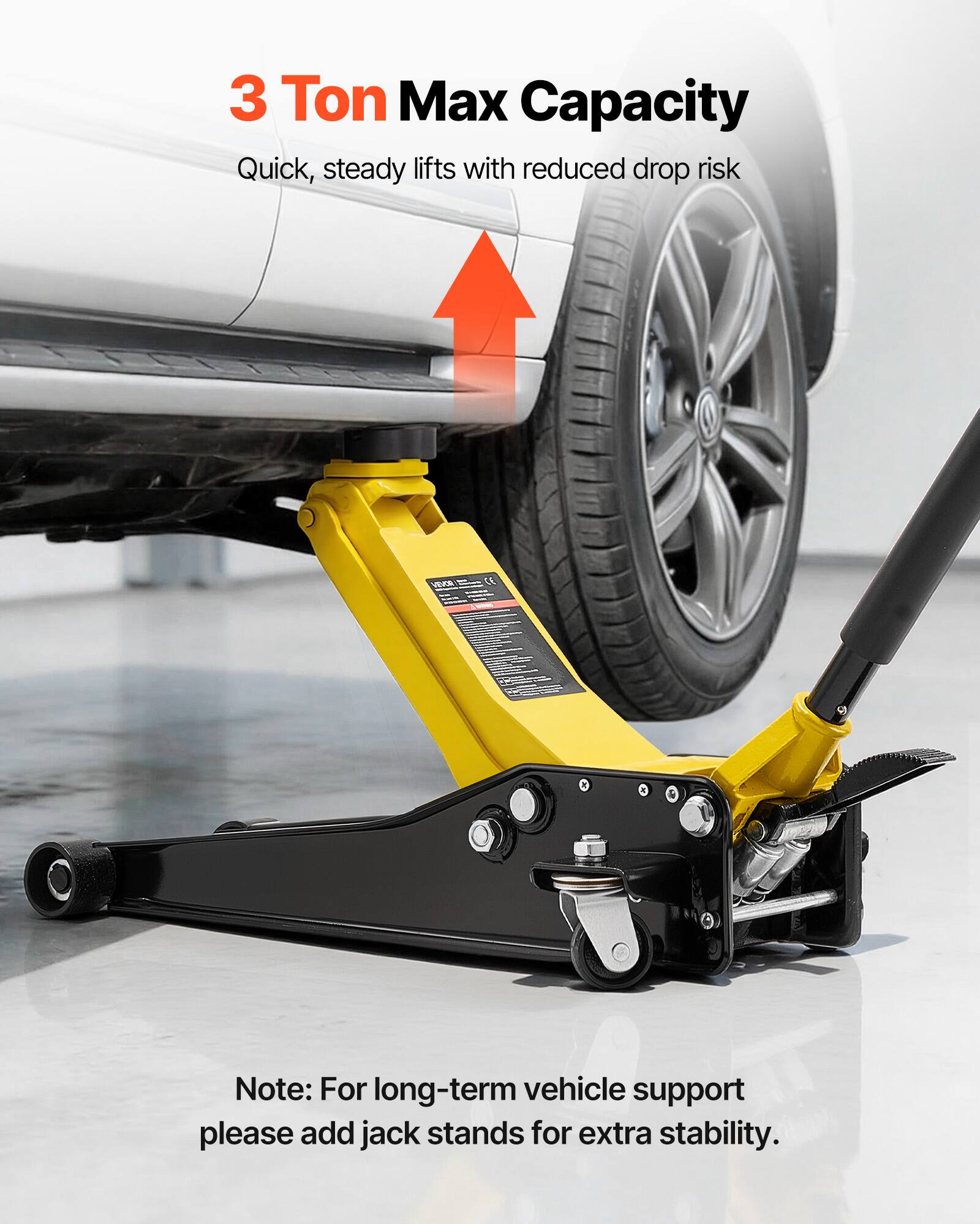 3 Ton Max Capacity  
Quick, steady lifts with reduced drop risk  

Note: For long-term vehicle support please add jack stands for extra stability.