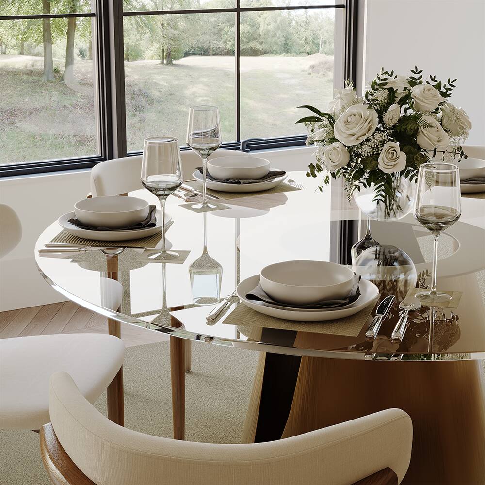 Alt View 1. POVISON - 47.24" Modern Luxury Round Glass Dining Table for 4, Tempered Glass Circle Dining Room Table for Kitchen, Bronze Base - Transparent & Bronze.