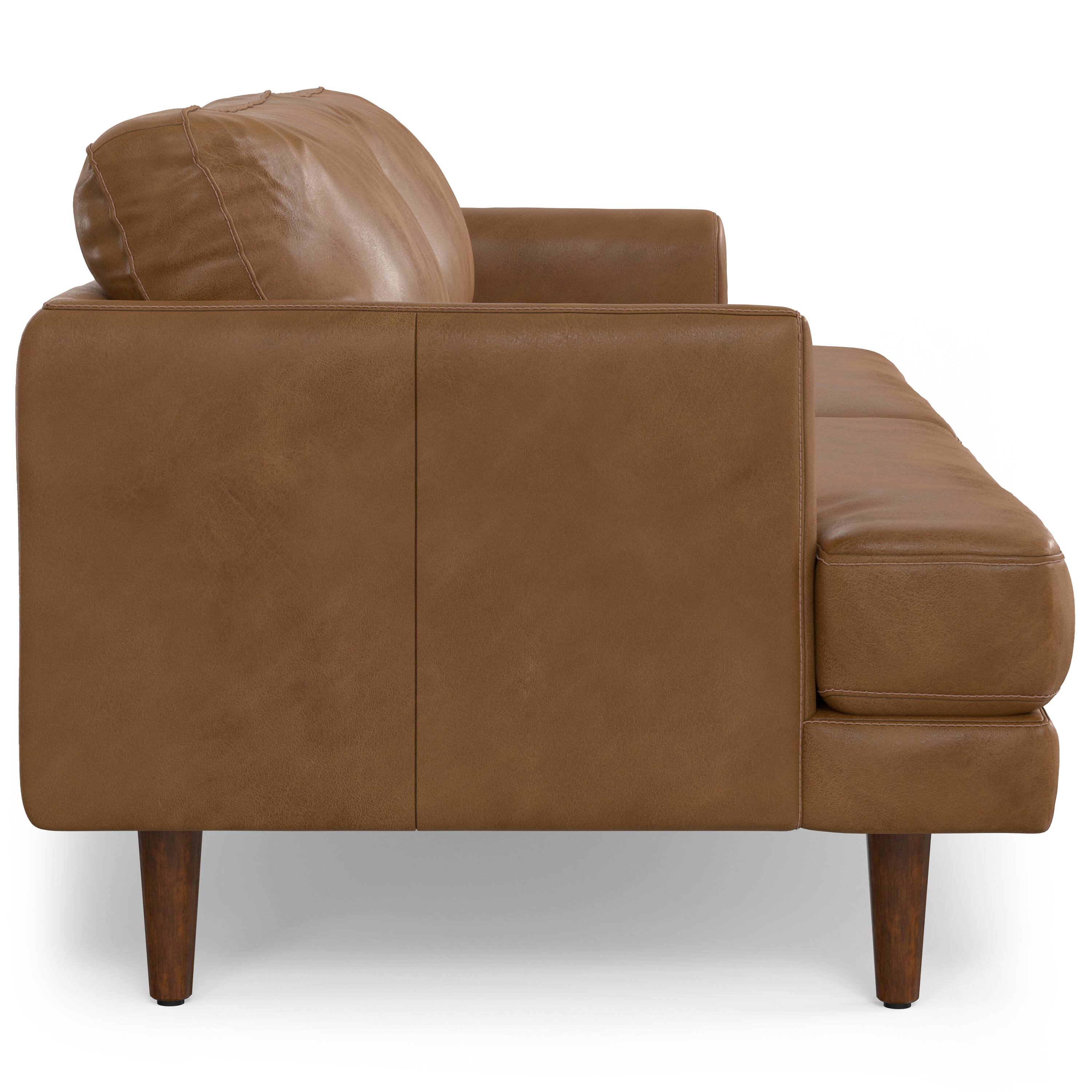 Back. Simpli Home - Livingston 90 inch Wide Mid-Century Modern Sofa in Caramel Brown Top Grain Genuine Leather - Caramel Brown.