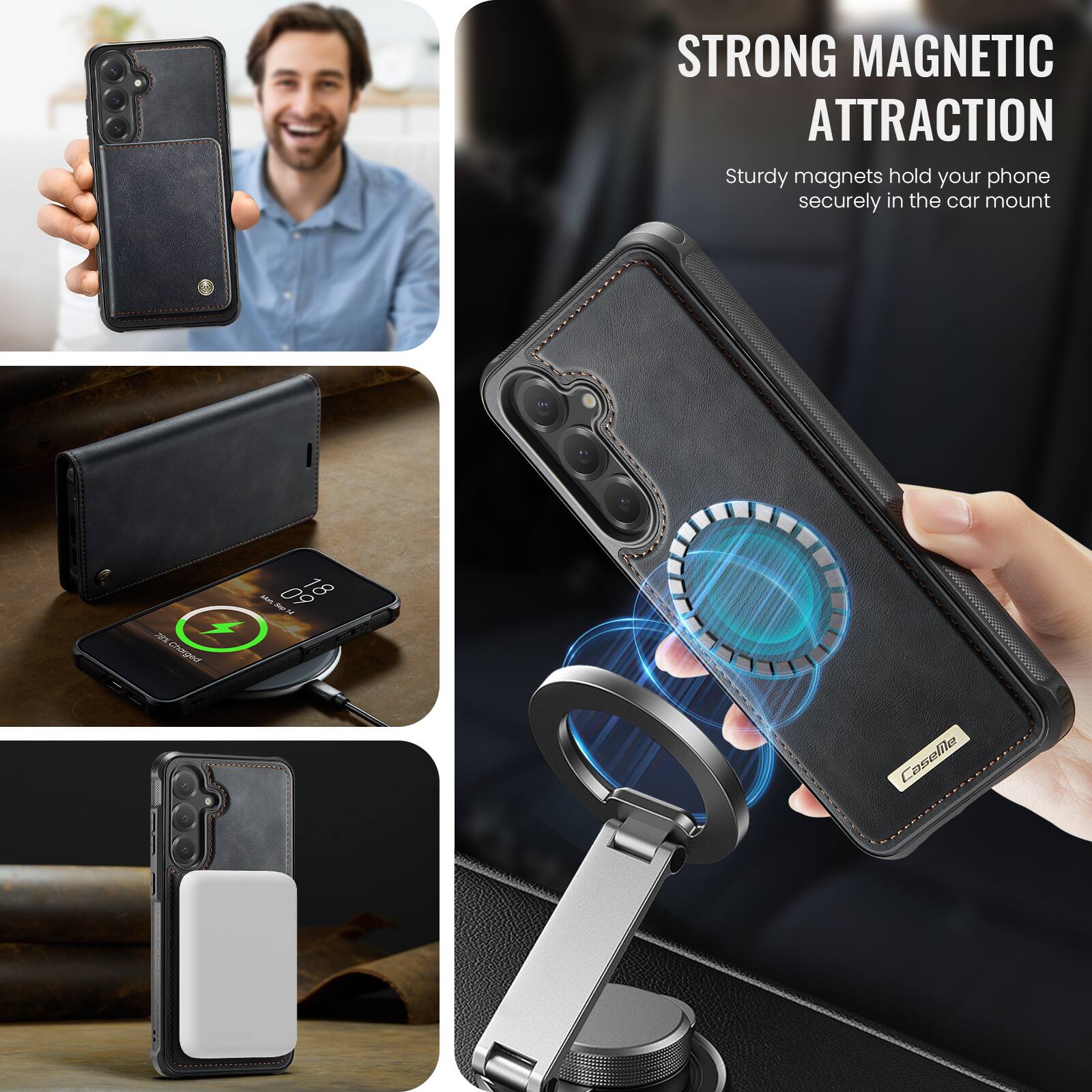 STRONG MAGNETIC ATTRACTION  
Sturdy magnets hold your phone securely in the car mount