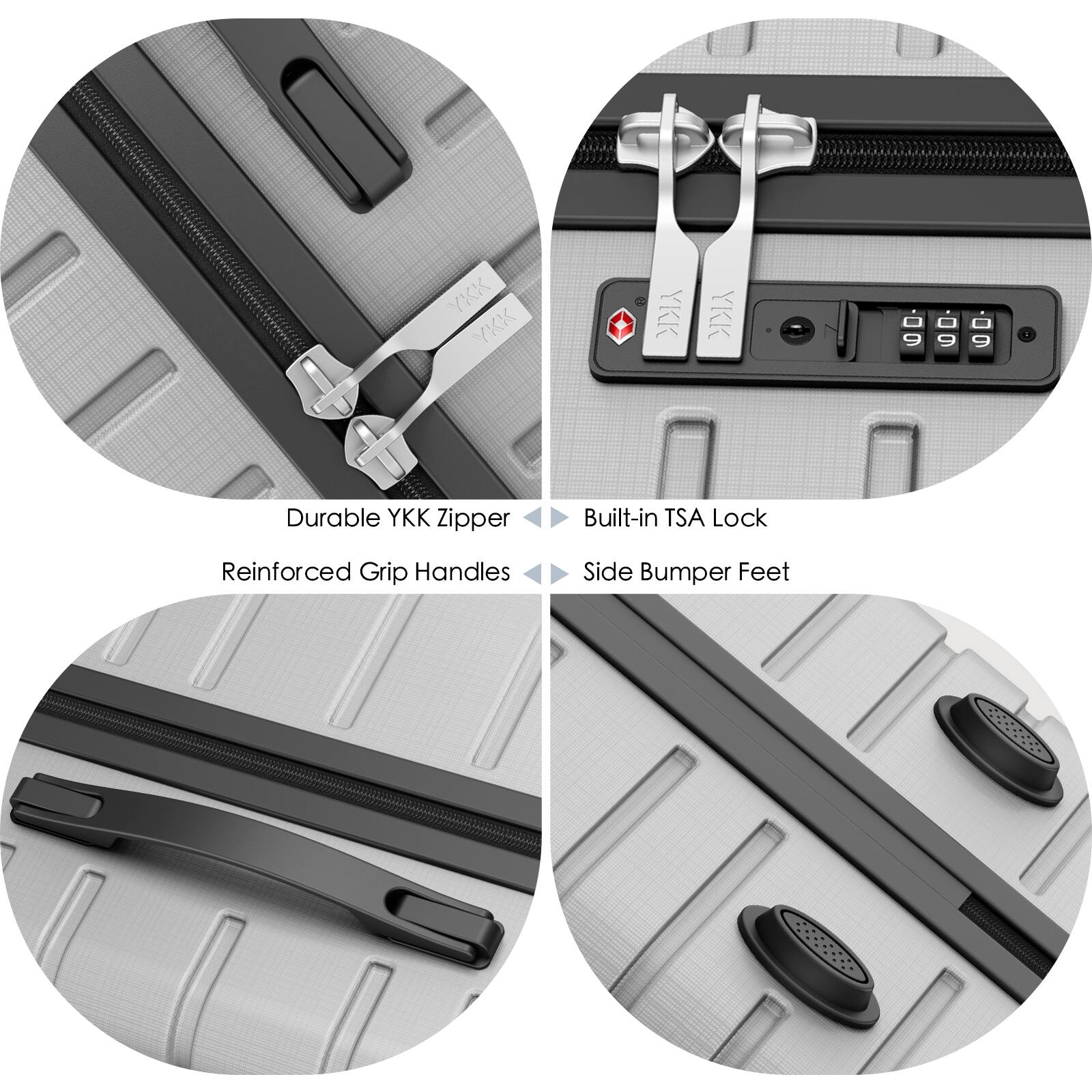 - Durable YKK Zipper
- Built-in TSA Lock
- Reinforced Grip Handles
- Side Bumper Feet