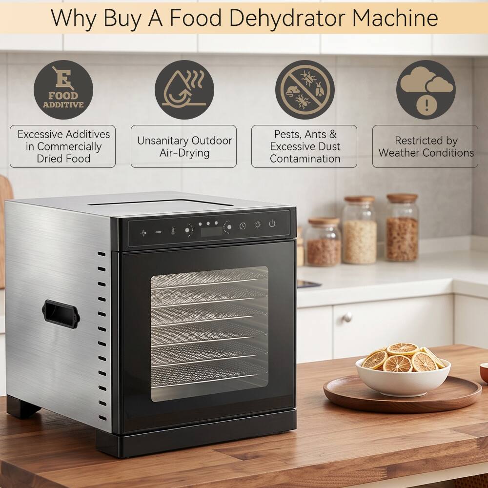 Why Buy A Food Dehydrator Machine

FOOD ADDITIVE
Excessive Additives in Commercially Dried Food

Unsanitary Outdoor Air-Drying

Pests, Ants & Excessive Dust Contamination

Restricted by Weather Conditions
