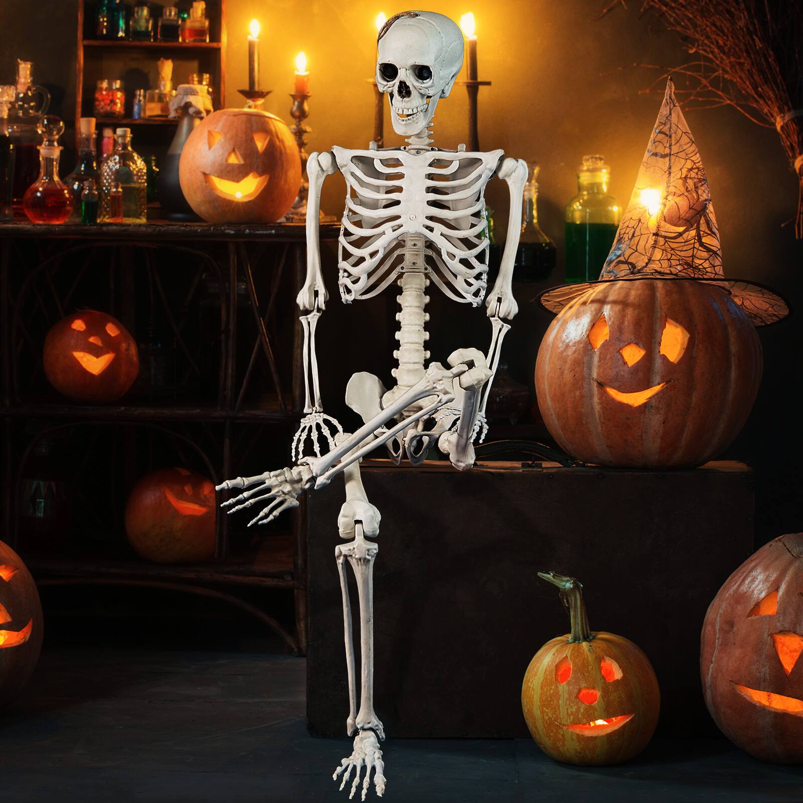 Alt View 4. Costway - Costway 5.4 FT Halloween Skeleton Decoration Life Size Large Skeleton with Posable Joints 64.5 Inches Ivory White - Ivory White.