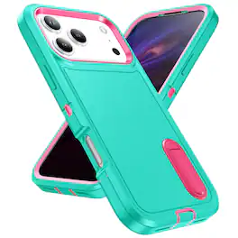 Dteck - Heavy Duty Case for Apple iPhone 17 Pro w/ Foldable Kickstand,Dual-Layer Shockproof Hard PC Soft Silicone Phone Cover - F