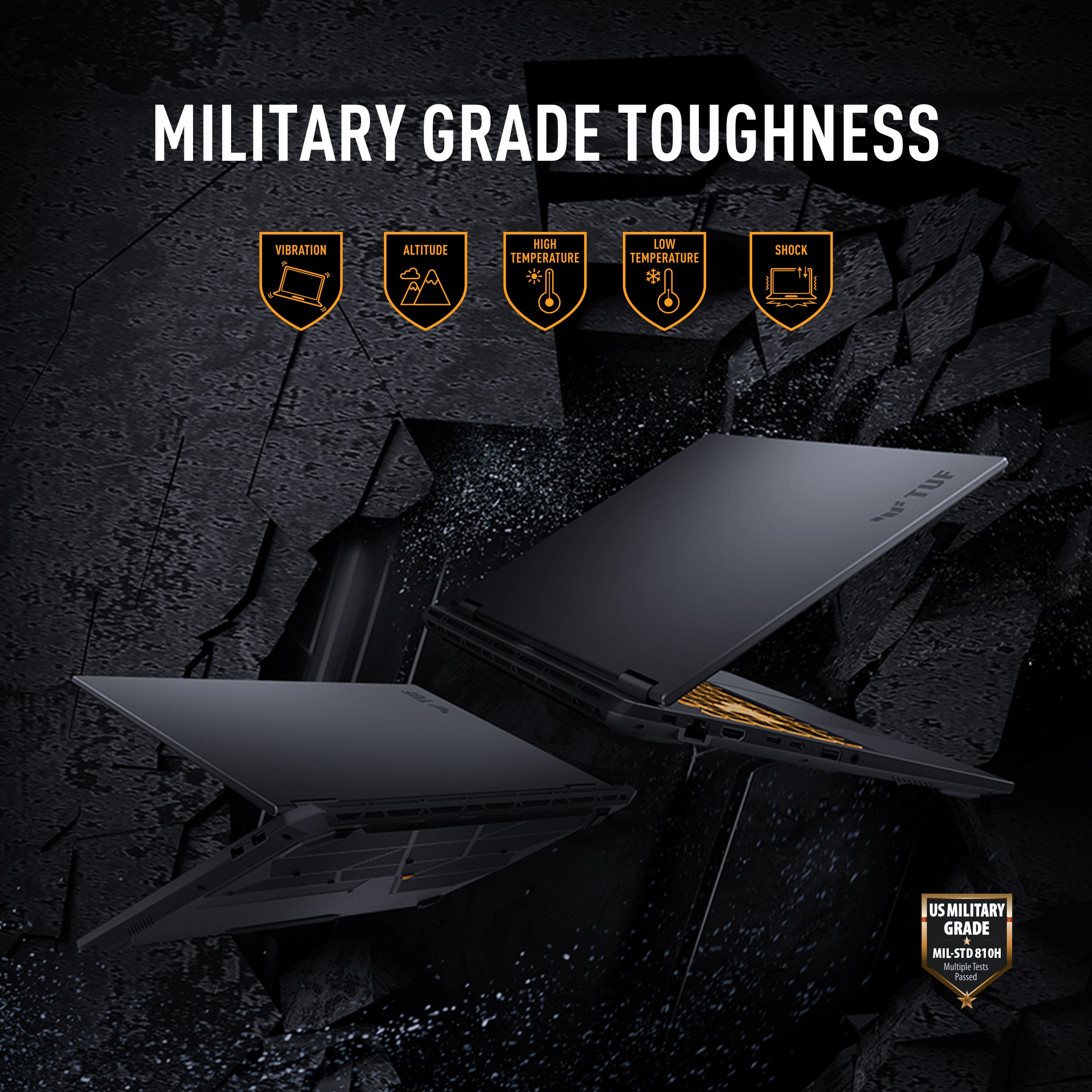 The image features a laptop with a military grade toughness label, indicating that it is designed to withstand various challenging conditions. The laptop is shown in an open position, and it is placed in front of a rocky background. The image also includes a list of features that contribute to the laptop's toughness, such as vibration resistance, altitude resistance, high and low temperature resistance, and shock resistance. These features make the laptop suitable for use in harsh environments or for military purposes.