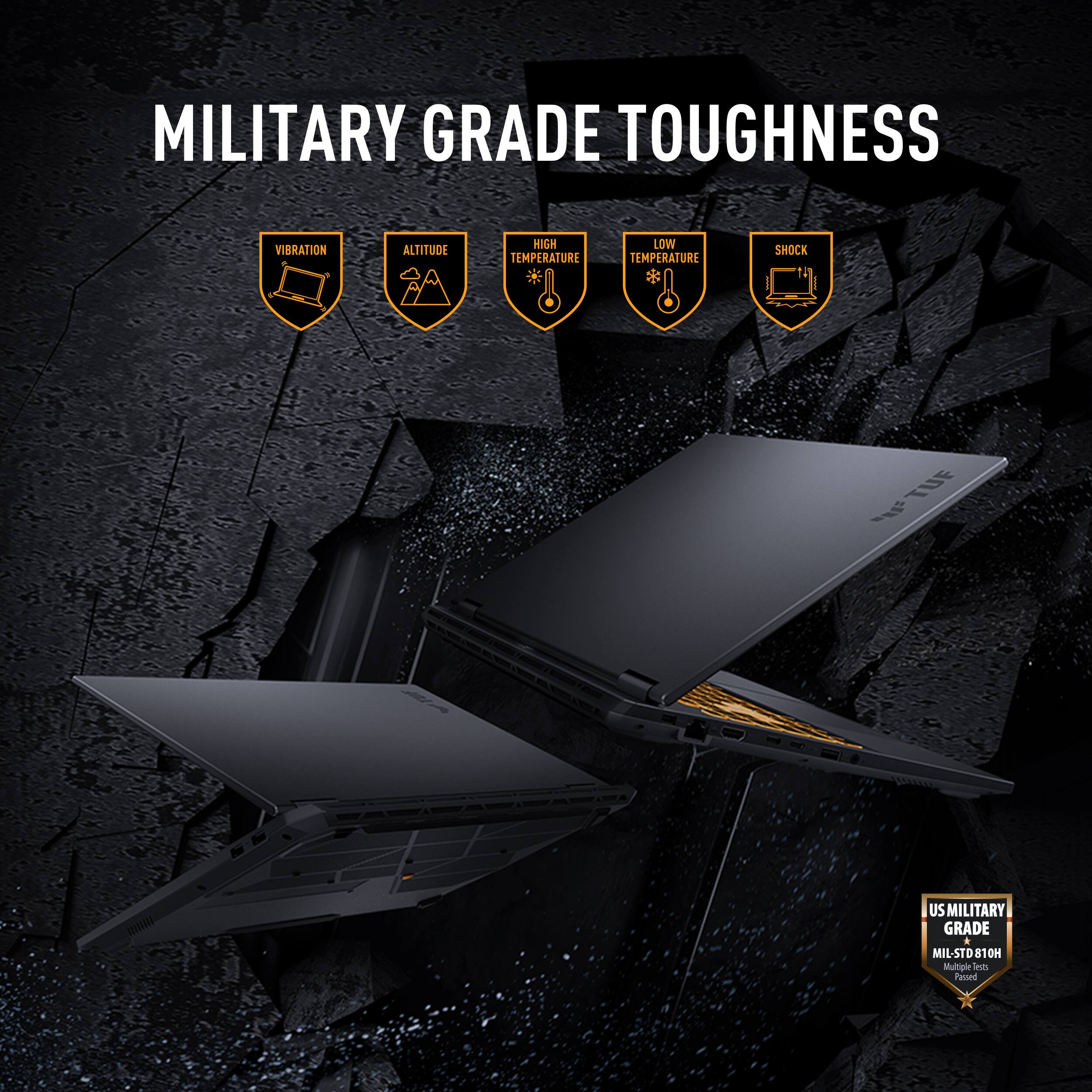 The image features a laptop with a military grade toughness label, indicating that it is designed to withstand various challenging conditions. The laptop is shown in an open position, and it is placed in front of a rocky background. The image also includes a list of features that contribute to the laptop's toughness, such as vibration resistance, altitude resistance, high and low temperature resistance, and shock resistance. These features make the laptop suitable for use in harsh environments or for military purposes.