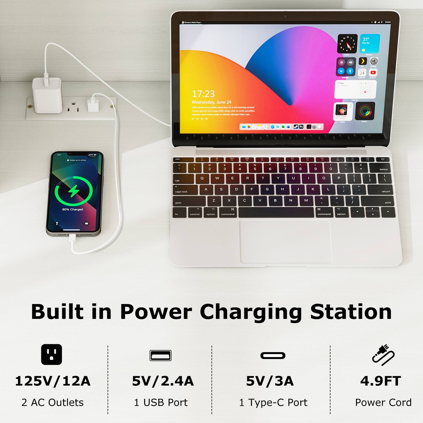 17:23 Wednesday, June 24
Built in Power Charging Station
125V/12A 2 AC Outlets
5V/2.4A 1 USB Port
5V/3A 1 Type-C Port
4.9FT Power Cord