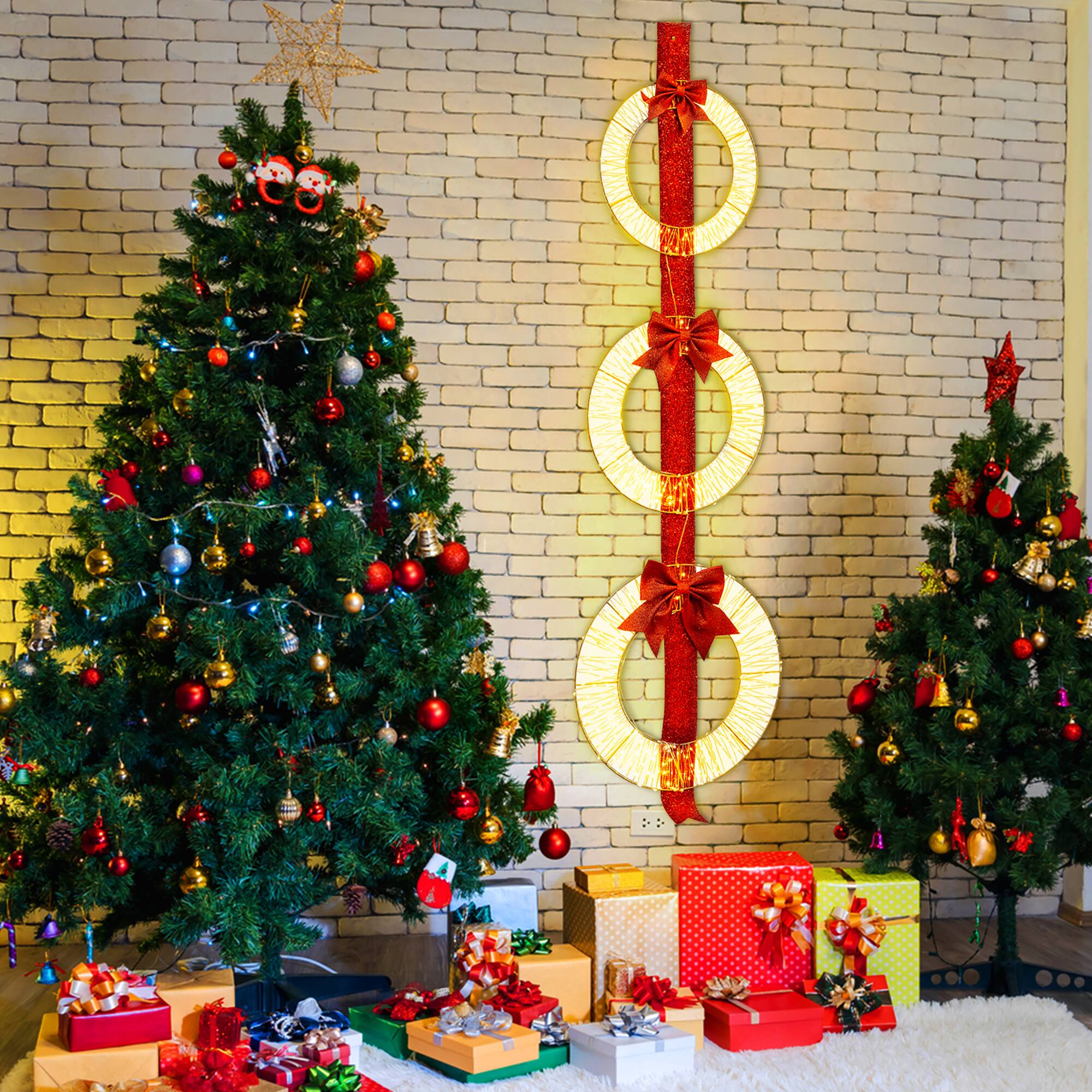 Alt View 3. Gymax - Gymax Set of 3 Christmas Lighted Wreaths Pre-Lit Metal Wreaths on Red Ribbon - Red.