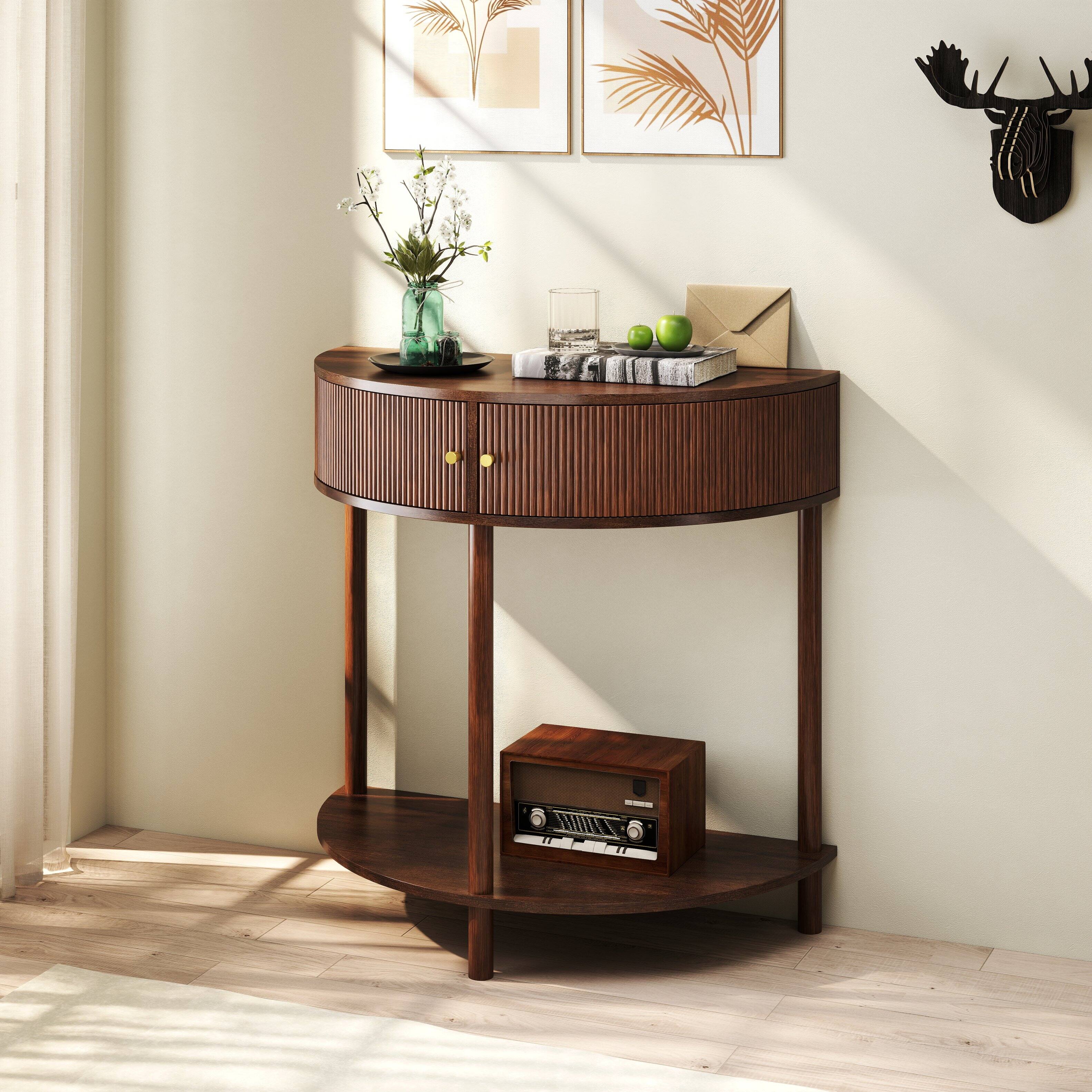 Alt View 9. Tiramisubest - Artisan-Crafted Demi-Lune Console Table with Brown Woodgrain,Unique Half Moon Design End Table with 2 Drawers and Shelf - Brown.