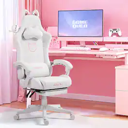 Dowinx - Cute Cat-Ear Gaming Chair with Massaging Lumbar Support, Ergonomic Computer Gaming Chair for Girls and Adults - White