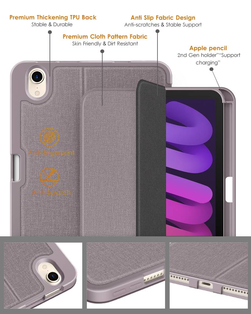 Premium Thickening TPU Back  
Stable & Durable  

Premium Cloth Pattern Fabric  
Skin Friendly & Dirt Resistant  

Anti Slip Fabric Design  
Anti-scratches & Stable Support  

Apple pencil  
2nd Gen holder""Support charging"  

Anti-fingerprint  
Anti-Scratch