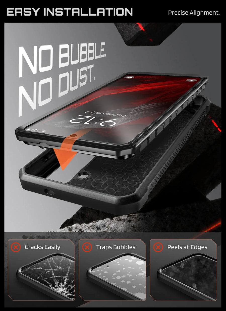 EASY INSTALLATION  
Precise Alignment.  
NO BUBBLE NO DUST  

Cracks Easily  
Traps Bubbles  
Peels at Edges