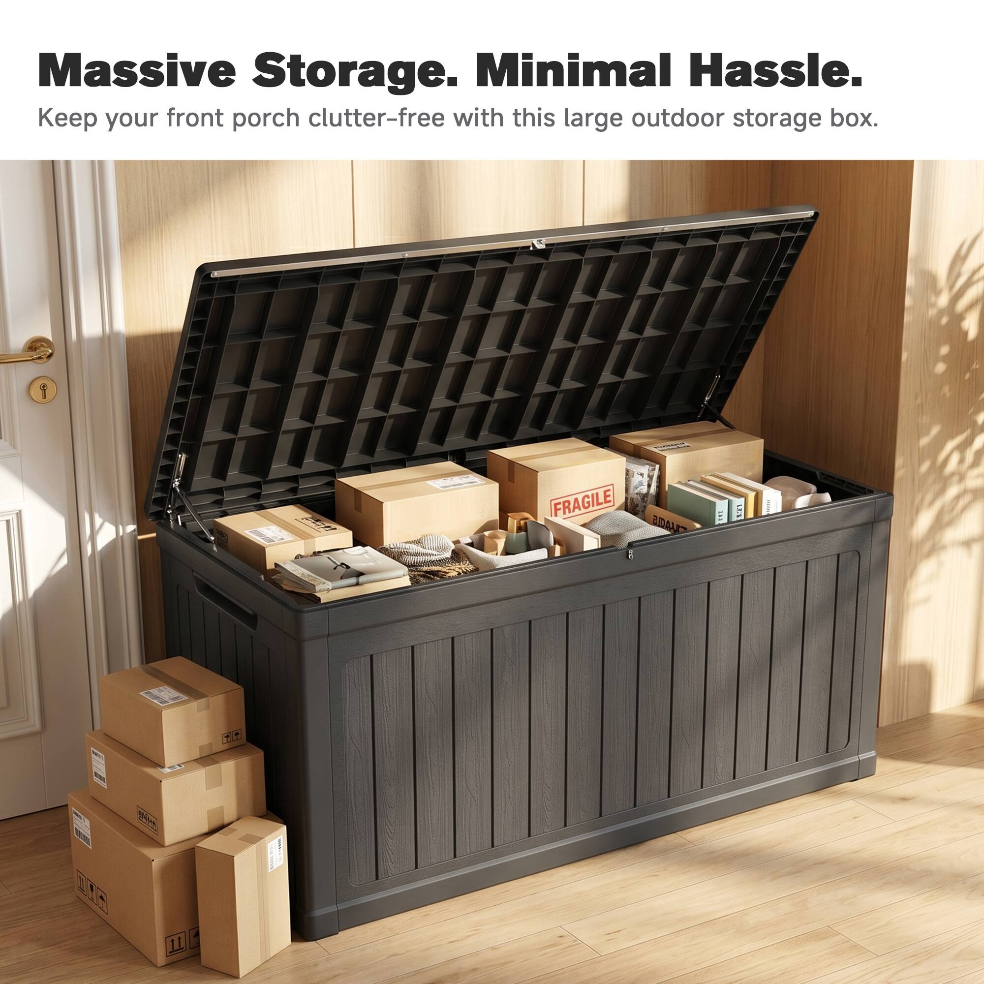 Massive Storage. Minimal Hassle.  
Keep your front porch clutter-free with this large outdoor storage box.