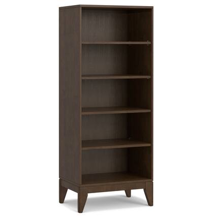 Front. Simpli Home - Harper SOLID HARDWOOD 66 inch x 24 inch Mid Century Modern 5 Shelf Bookcase in Walnut Brown - Walnut Brown.
